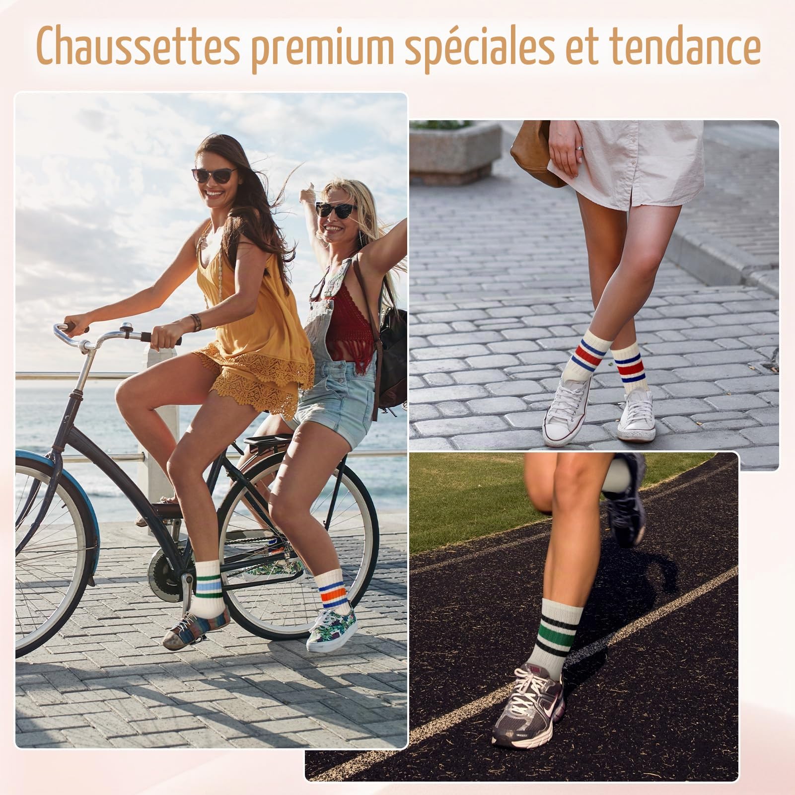 Meng Jiaran Lot de 4 paires de chaussettes de sport pour femme et homme, chaussettes rondes rayées pour femme et homme, taille 4-7, chaussettes décontractées en coton rétro athlétiques pour femme et