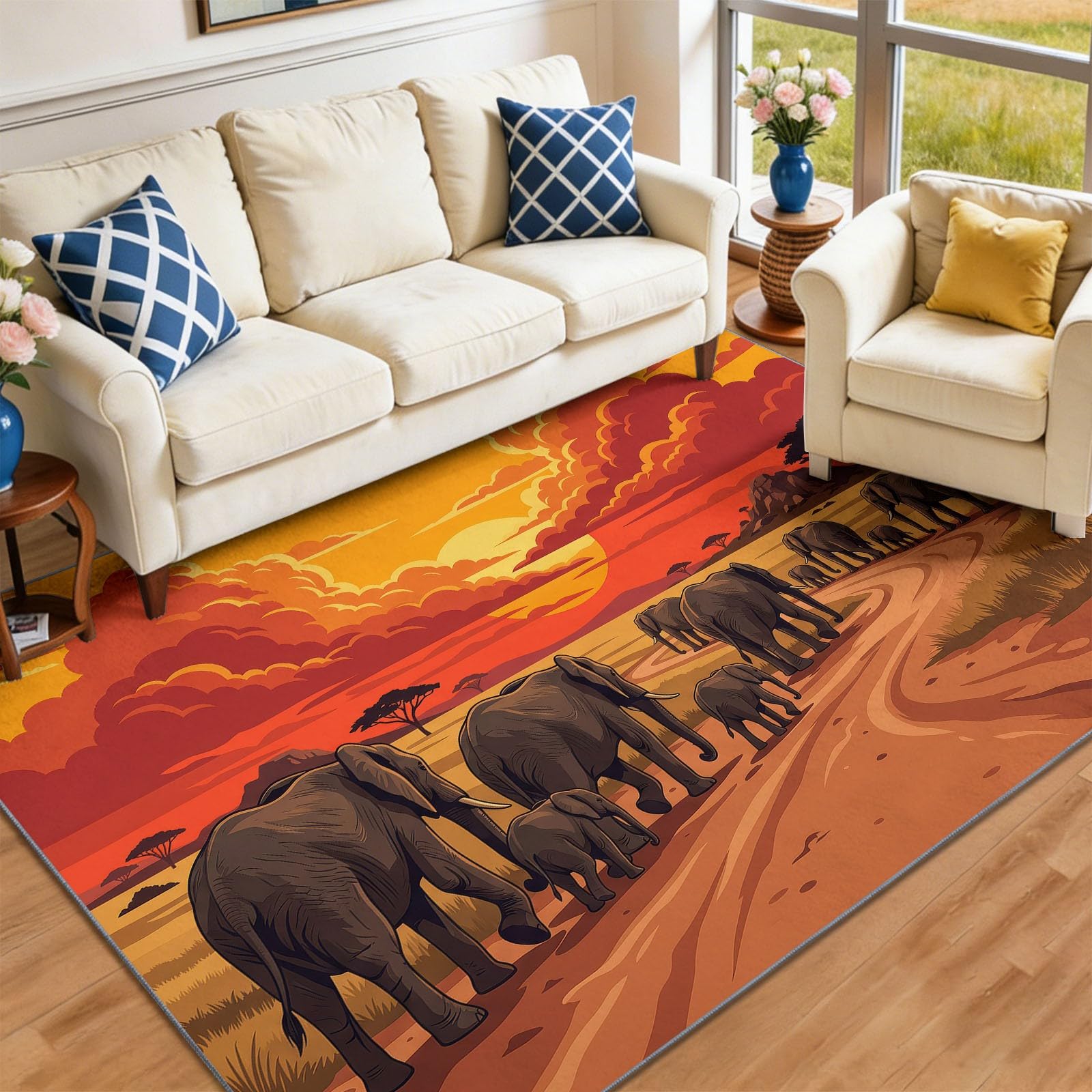 Tapiss 60 x 110 cm, Tapis Antidérapants Afrique Coucher Soleil Faune Sauvage Éléphant Courts pour Bureau Salle de Bain Salle à Manger, Paysage Naturel Orange Jaune Chambre Descente De Lit Carpet