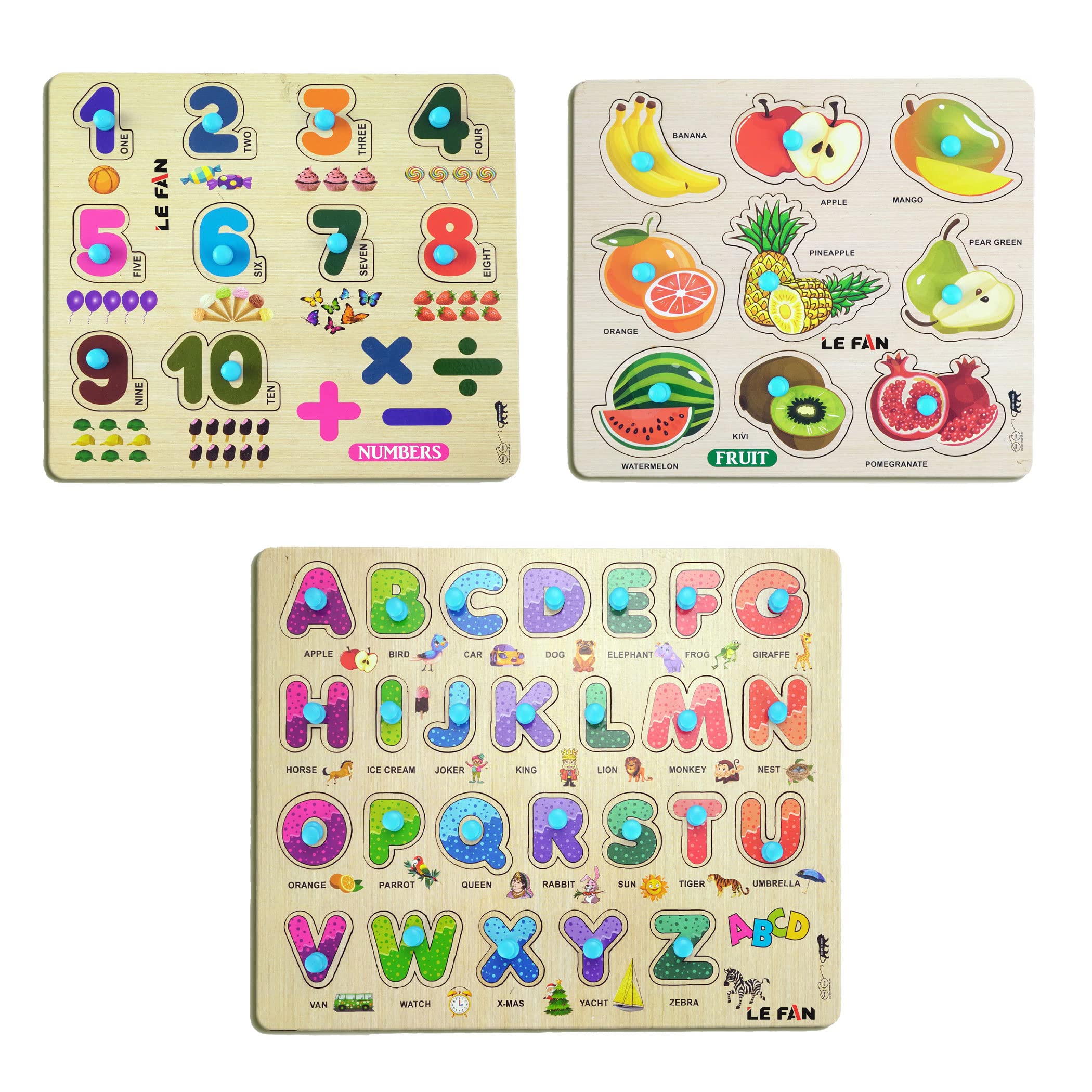 Lefan® Kids Fort Pre Nursery Educational Jigsaw Puzzles for Adults Kids Learning Toys Kit Board Game 3 pcs Set of Numbers Alphabets & Fruits Educational Toy