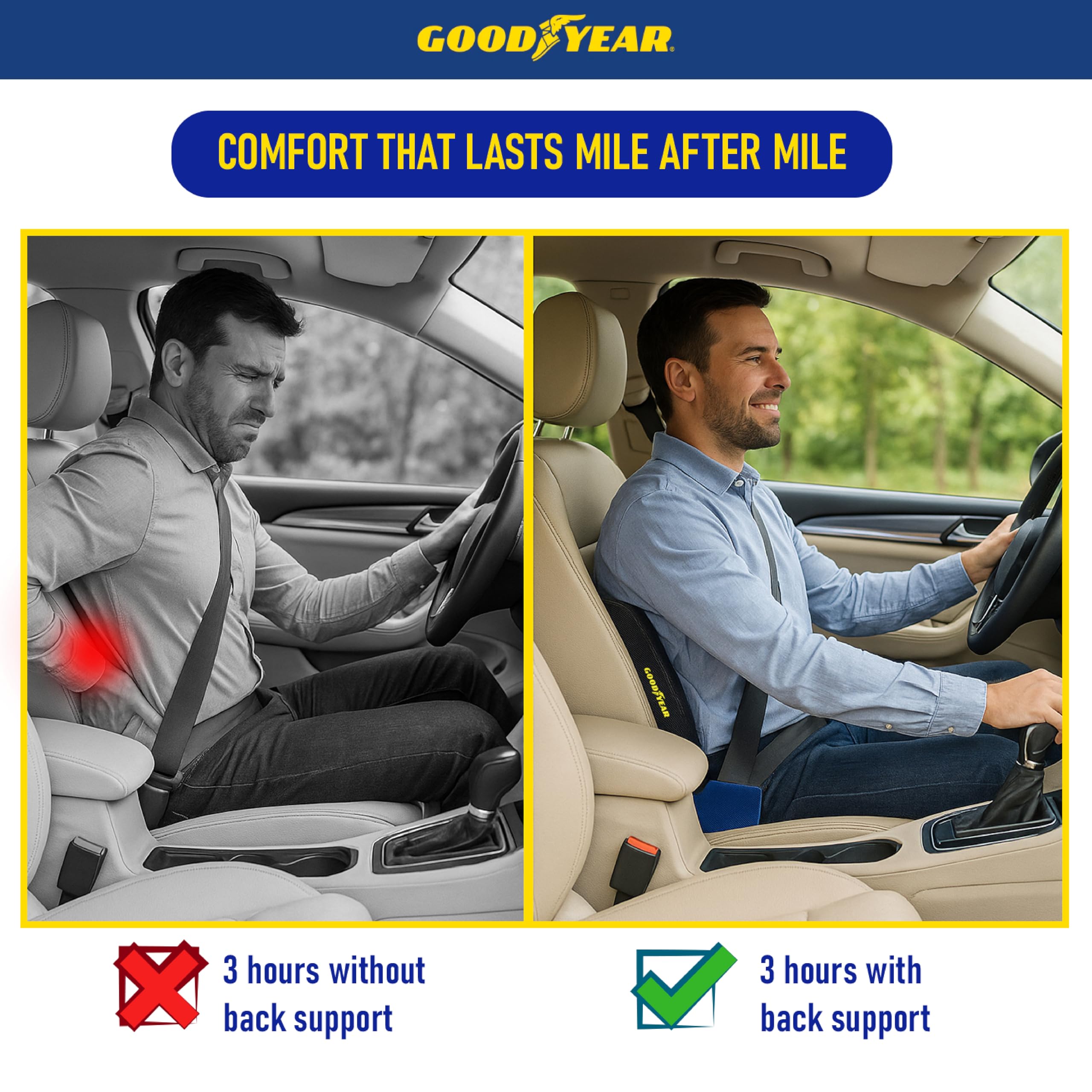 Goodyear GY1217 Coussin Lombaire rafraîchissant en Mousse à mémoire de Forme de qualité supérieure pour soulager Les douleurs dans Le Bas du Dos Sangle réglable pour différentes Tailles de siège
