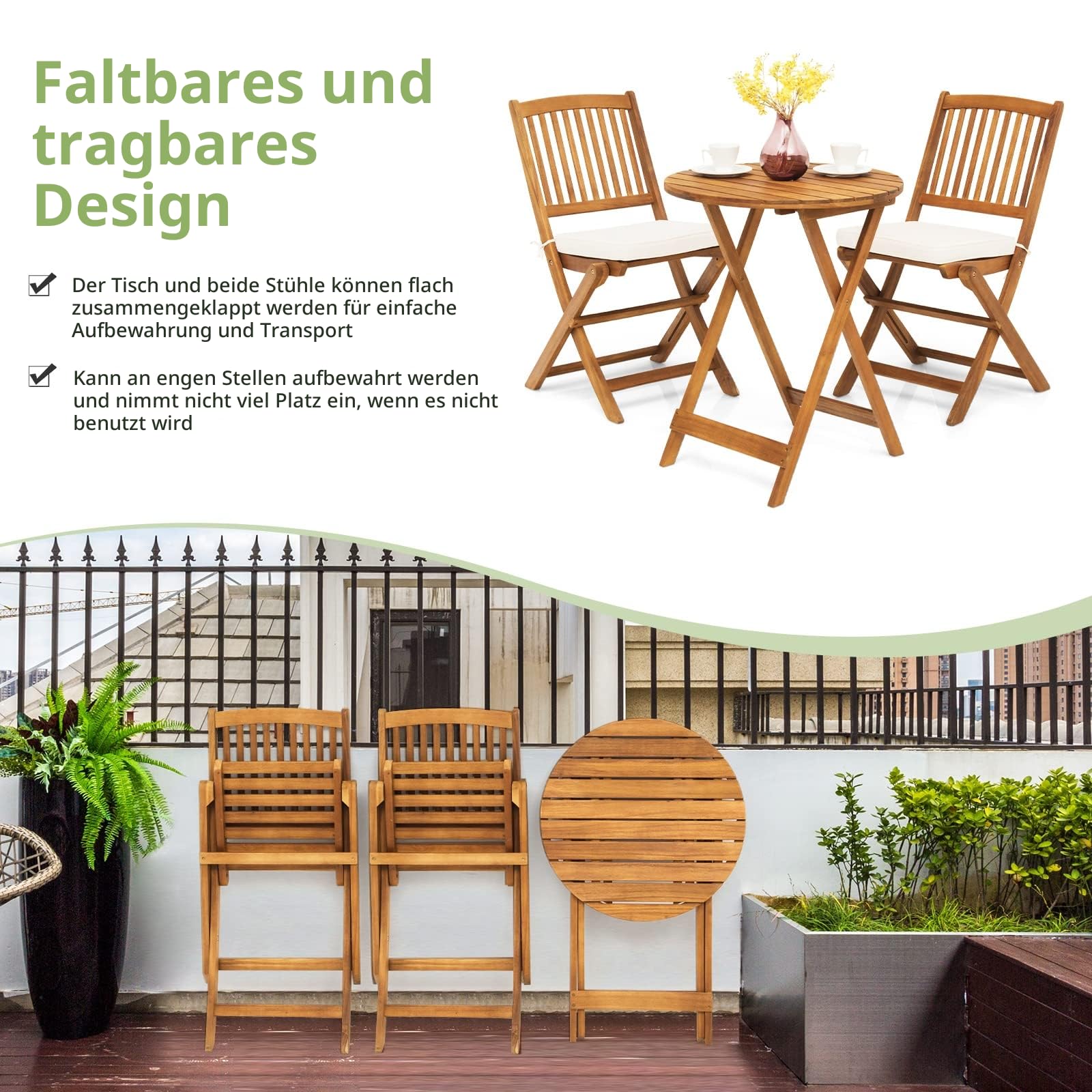 GIANTEX Balkonmöbel Kleiner Balkon, Runder Bistrotisch mit 2 Stühlen klappbar, Gartenmöbel Set Holz 3 teilig, Balkonset Bistroset Outdoor, Terrassenmöbel 2 Personen, Garten Sitzgruppe mit Kissen