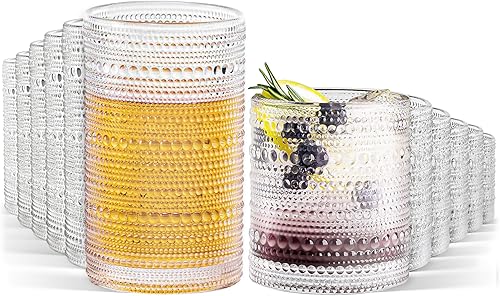 Miniatura 11 de Vasos altos vintage azules con reborde y pajitas, juego de 12 vasos de vidrio para cócteles, whisky, cerveza y jugo (15 onzas y 12 onzas)