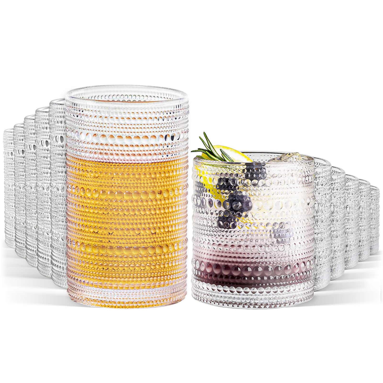 Hobnail Drinking Glasses Set of 12 12 oz Highball Glassware 10 oz Cocktail Glasses Vintage Embossed Beaded Glass