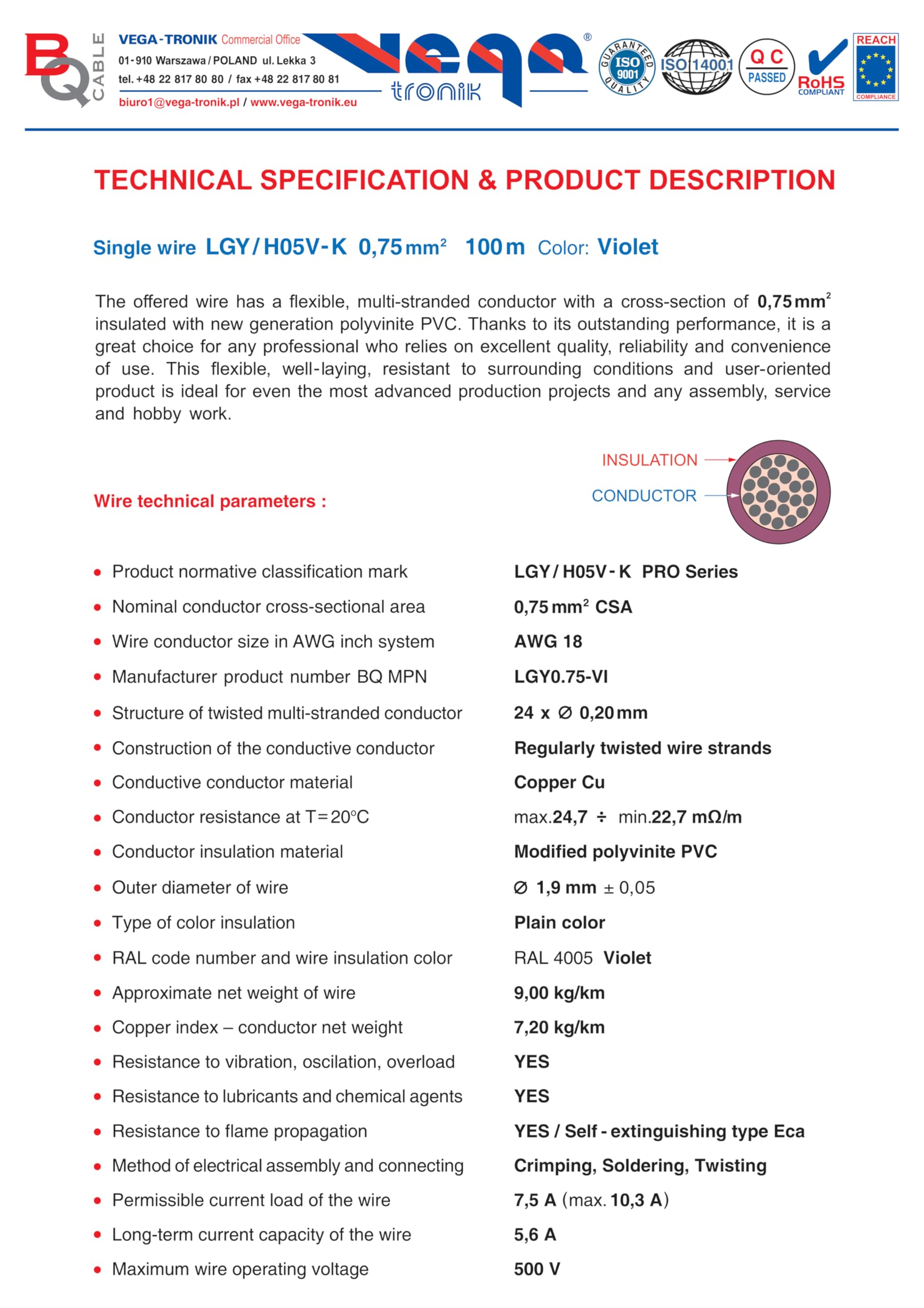 Przewód pojedynczy LGY/ H05V- K 0,75 mm2 100 m Kolor: fioletowy