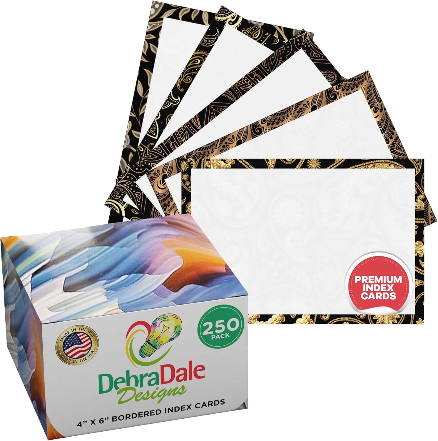 Debra Dale Designs Premium 4"x6" Blank Index Cards with Black & Gold Borders - 250-Pack in Attractive Box - 140# Heavy Cardstock