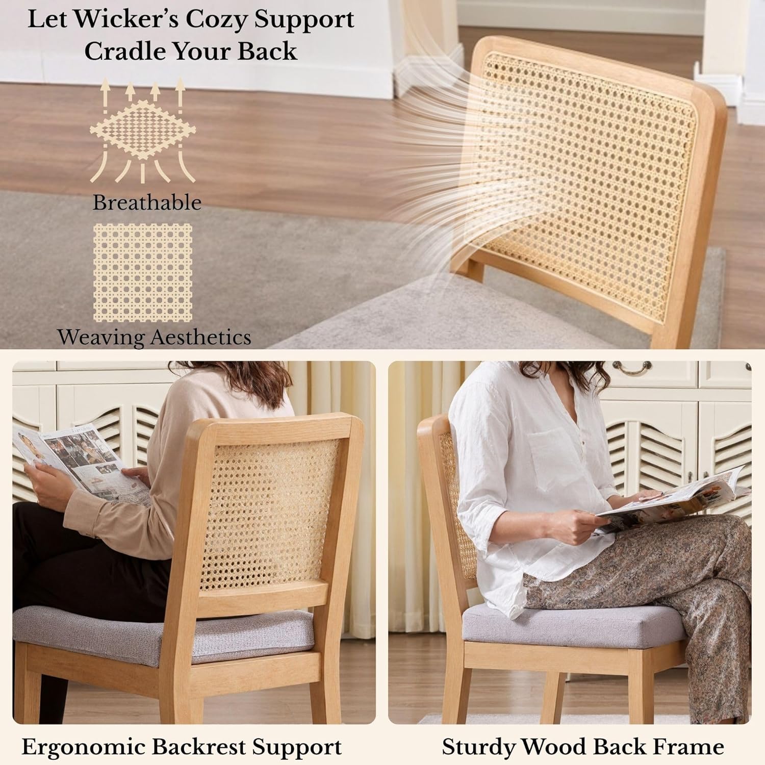 HNY Modern Farmhouse Rattan Dining Chairs Set of 4, Grey Chenille Upholstered Dining Room Chairs with Cane Back Mid Century Natural Wood Kitchen Chairs, Boho Accent Wicker Woven Chair for Living Room