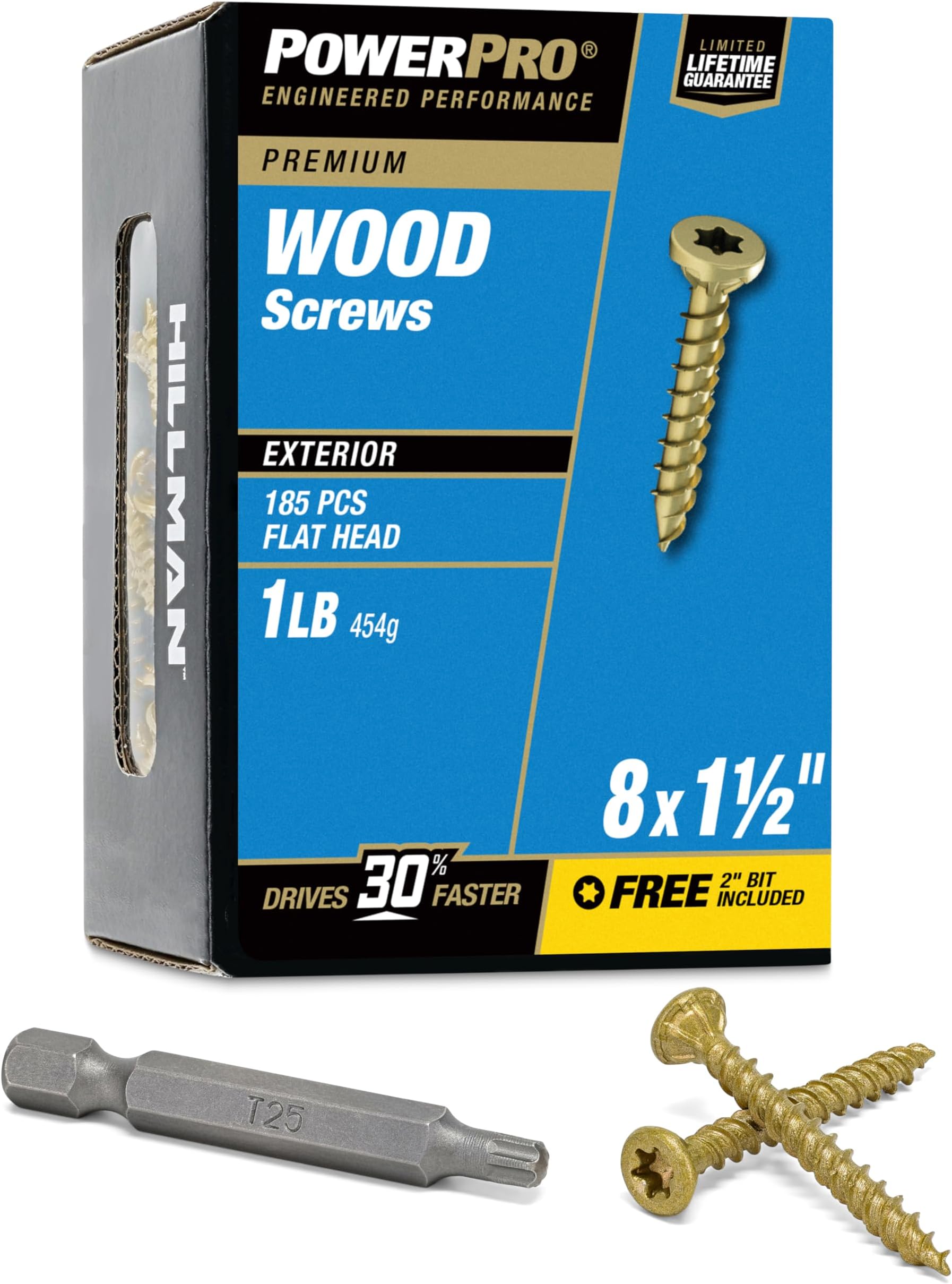 Power Pro 48595 Wood Screws, #8 x 1-1/2", Premium Outdoor Deck Screws, Rust Resistant, Epoxy Coated Bronze, 1lb Box, 203 pcs