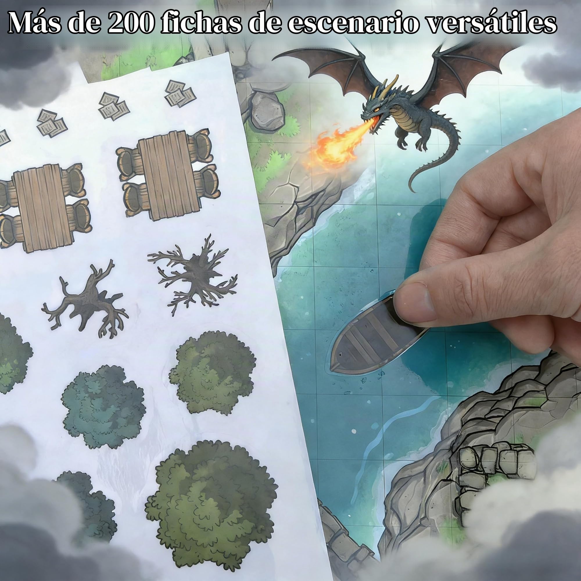 DND - Libro de mapas de batalla – 39 alfombrillas reutilizables de borrado en seco/húmedo con más de 200 calcomanías de paisaje, cuadrícula de 1 pulgada y encuadernación plana – Kit portátil de
