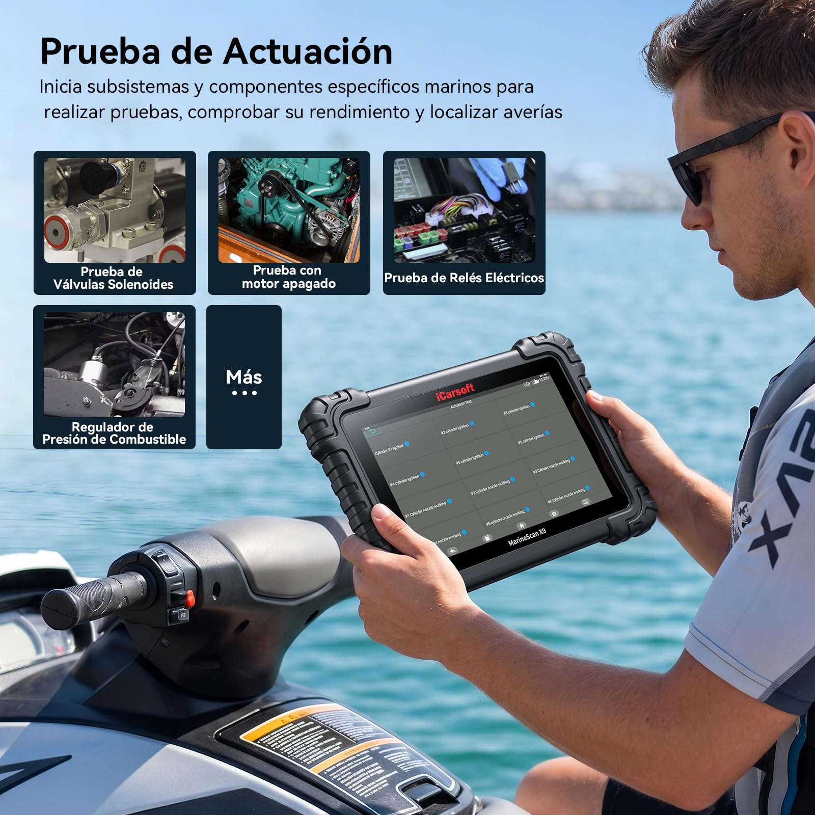 iCarsoft MarineMaster X9 Herramienta de diagnóstico Marina para Barcos, Yates, Motos acuáticas y Motores fueraborda, 40 Funciones de Servicio, Prueba bidireccional, Lector de códigos OBD2 Marino