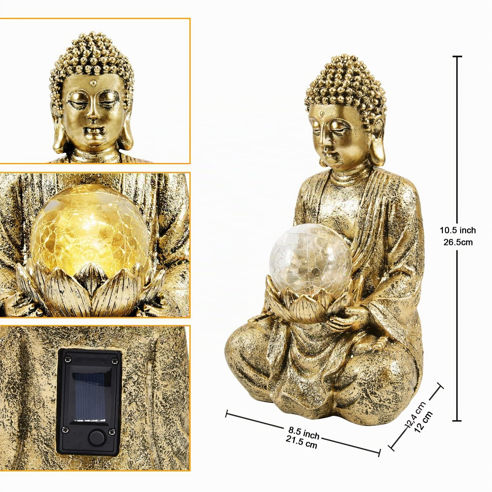 Yeomoo Statue Bouddha Zen avec Globe Solaire Décoration Jardin 26,5cm