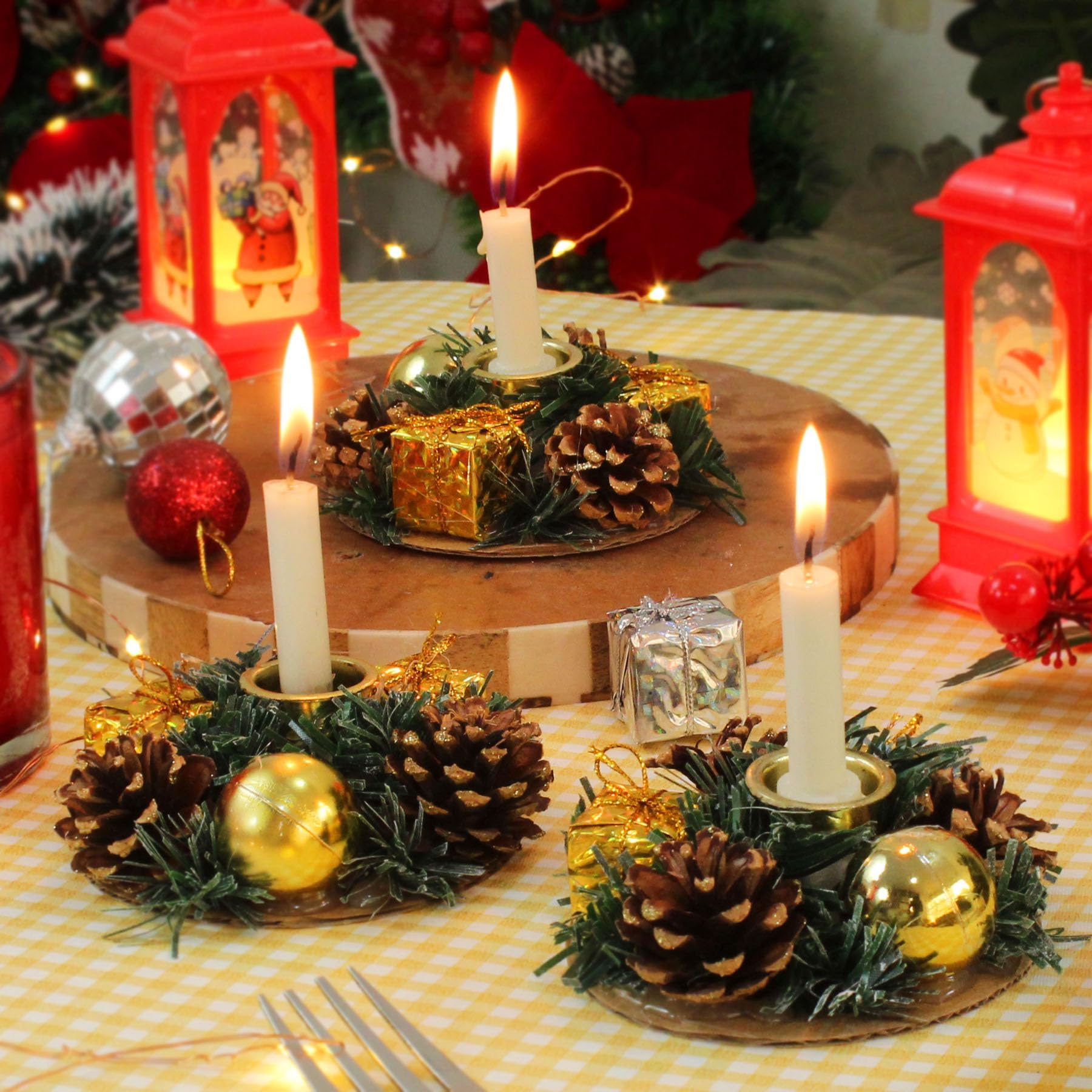 Set of 3 Candle Holder Tealight Stand for Dining Table Indoor Outdoor Decoration Xmas Decor (Multi, 8.8 cm) - Christmas Decorations Items for Home Office Church Gifts and Gifting