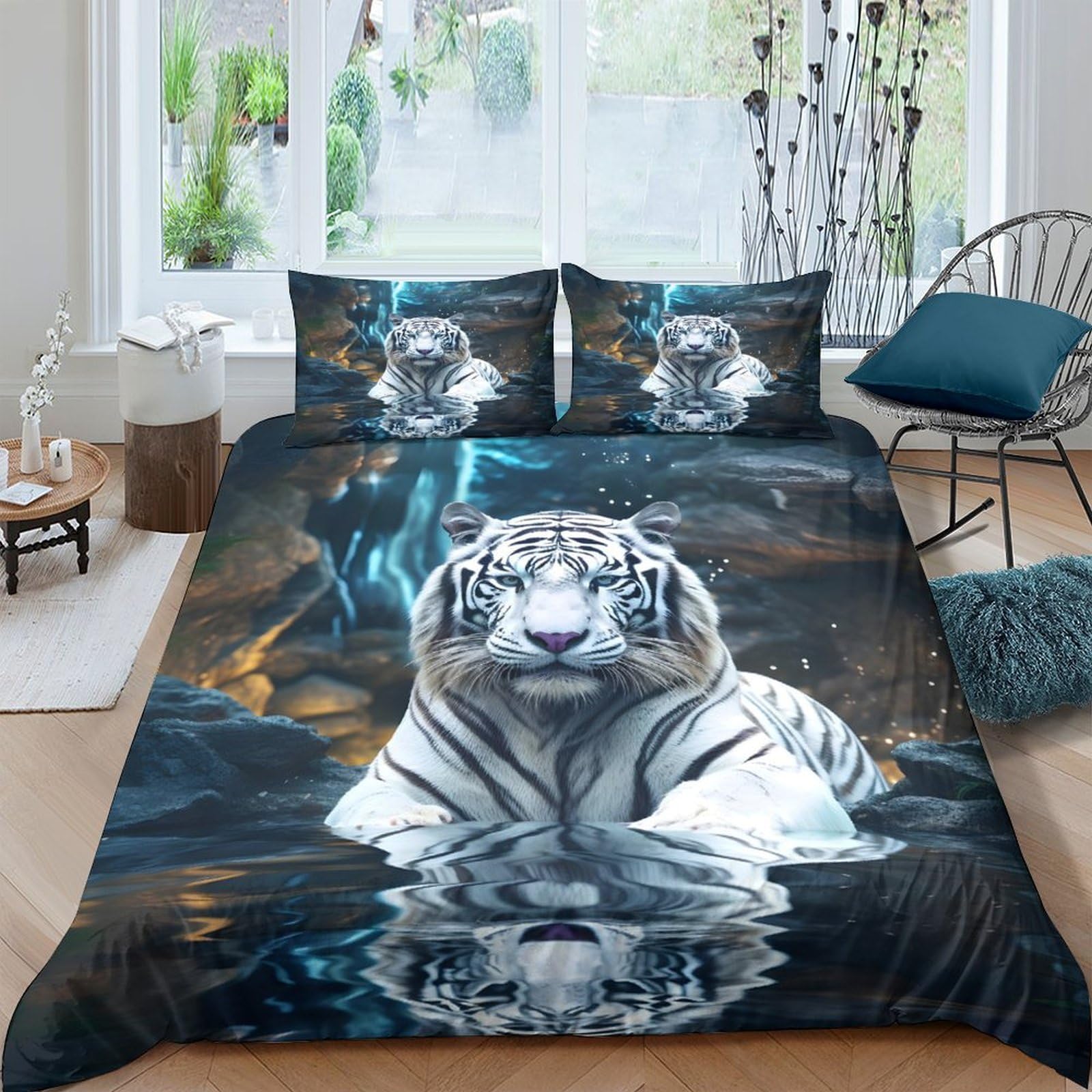 Ctjqhvkz Style-8 3D Printed White Tiger Water Reflection Fitted Sheet Microfiber Soft Bed Cover For Bedroom Guest Room Decor Single（135X200cm）