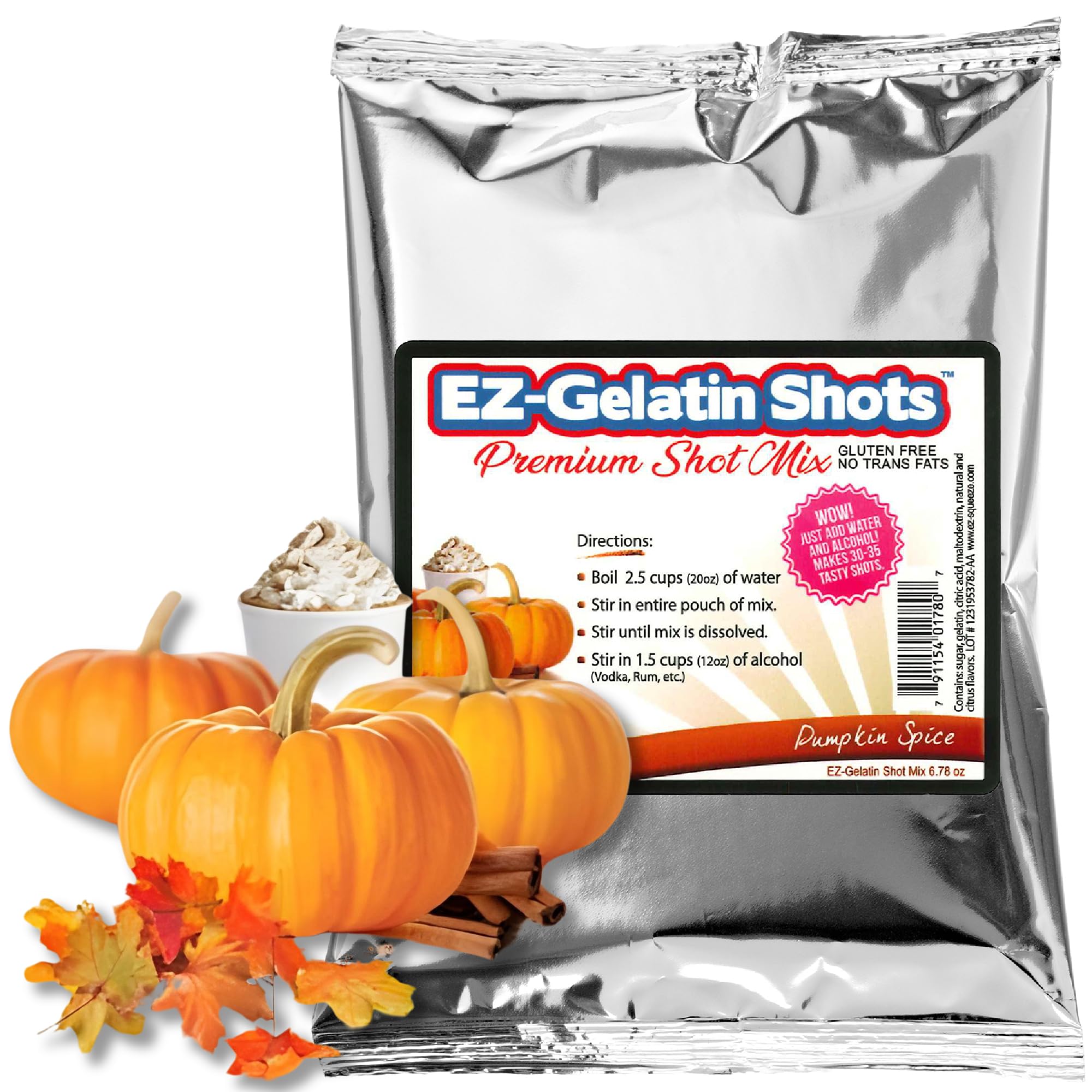 Pumpkin Spice Jello Shot Mix 6.78 oz - Premium Gluten-Free Jello Mix for Tasty Jello Shots - Easy to Make EZ Gelatin Powder Mix for Jello Shots - Adult New Year and Holiday Party Supplies