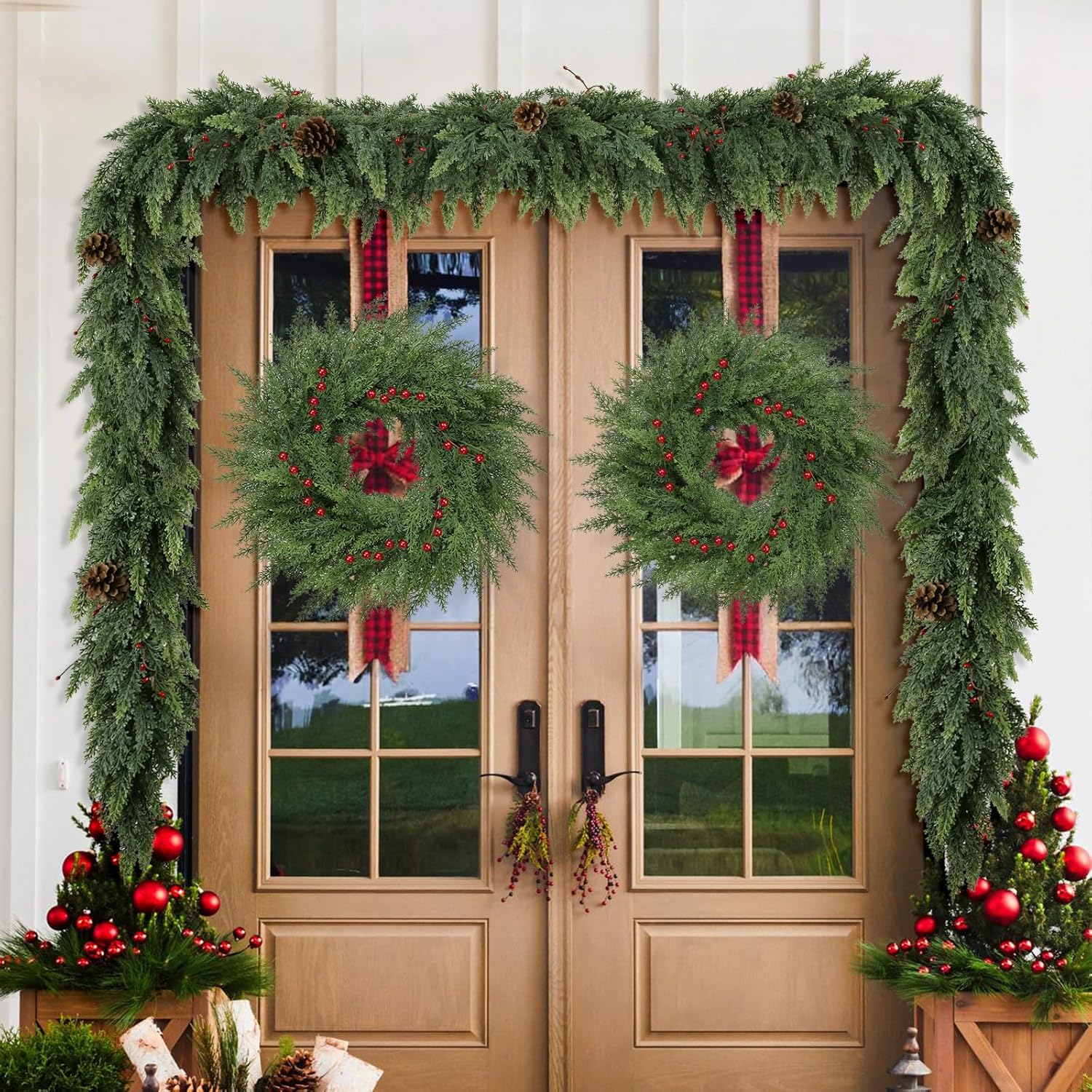 Lush Christmas Wreaths for Front Door with Red Berries Christmas Decorations 24 inch Real Touch Faux Cedar Wreath Large Winter Green Wreaths for Windows Outdoor Indoor Walls Home Xmas Holiday Decor