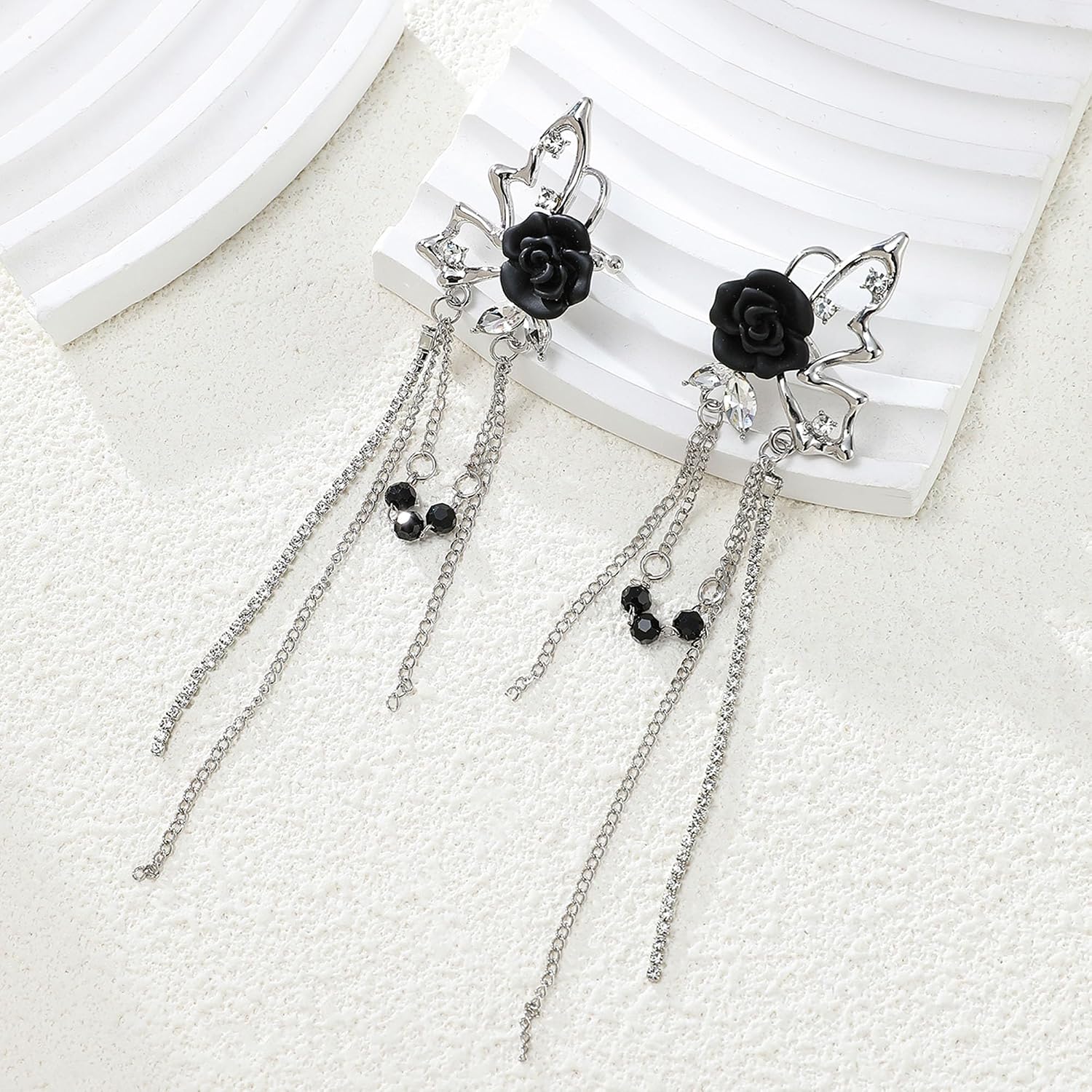 Gothic Black Rose Ear Clip Butterfly No Pierced Tassel Chain Earrings