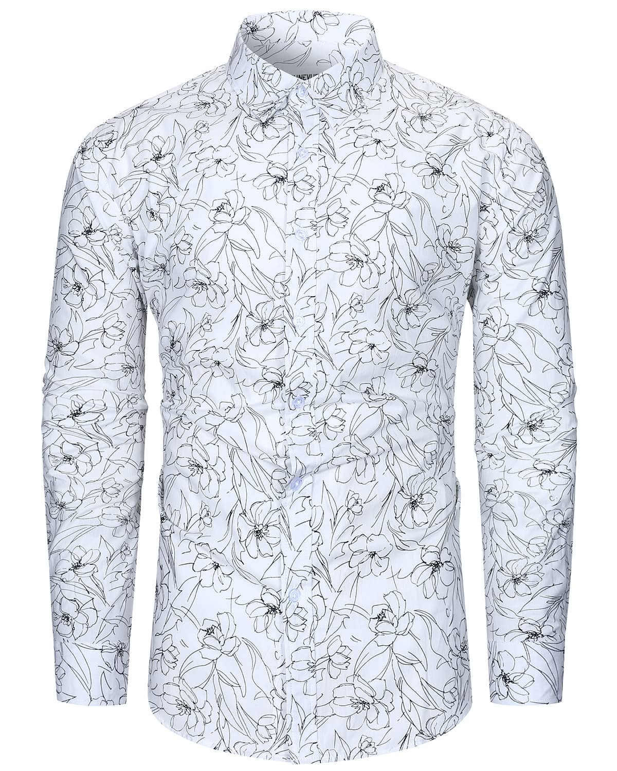 TUNEVUSE Men Floral Dress Shirts Long Sleeve Casual Button Down Flower Printed Shirts 100% Cotton