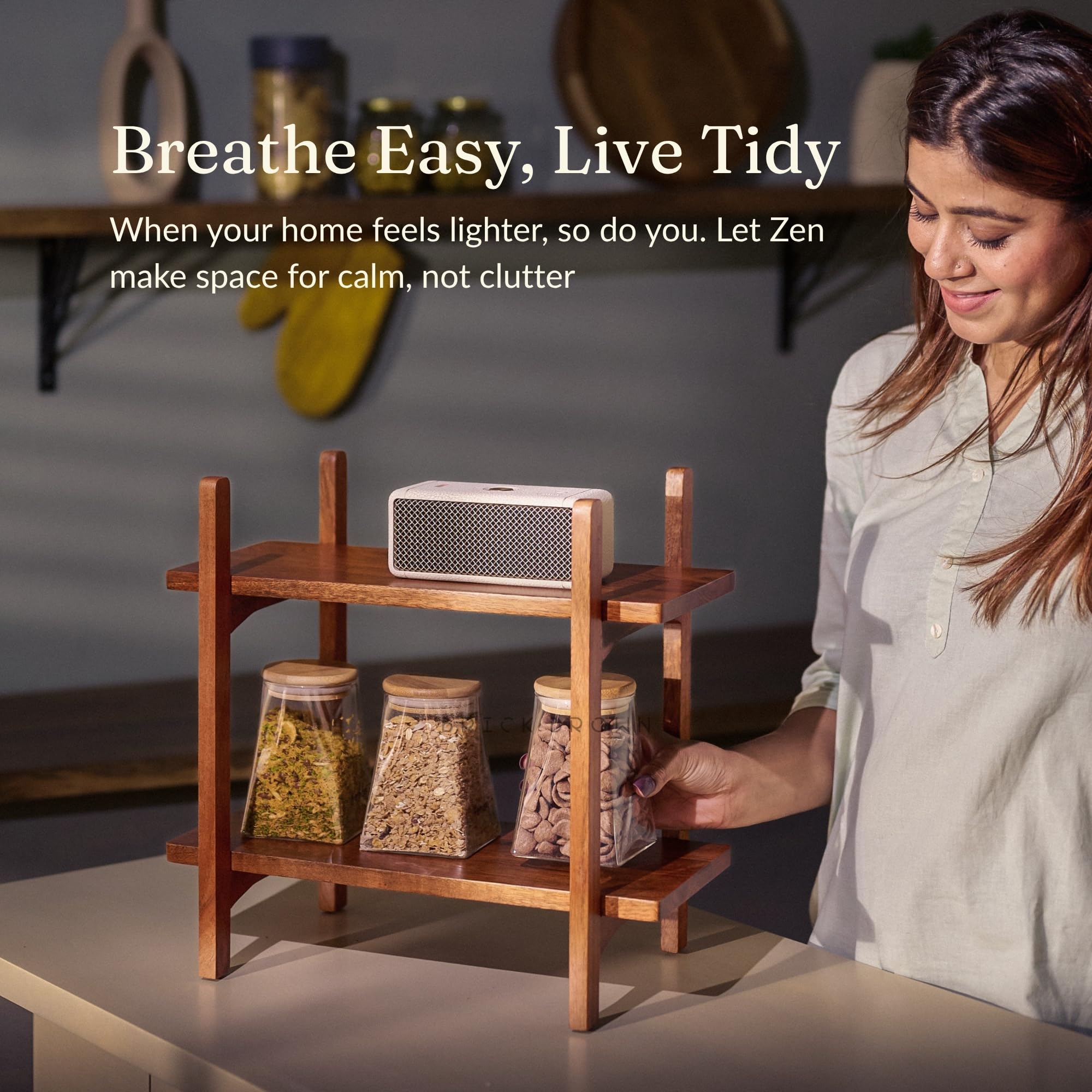 Brick Brown ® Premium Zen Organizer | Gewürzregal aus Holz | 2-stöckige Küchenarbeitsplatte | Schrank-Aufbewahrungsregal | Etagenregal | Lebensmittelregal Küchenaufbewahrungsregal/Gewürzregal (41 x 23