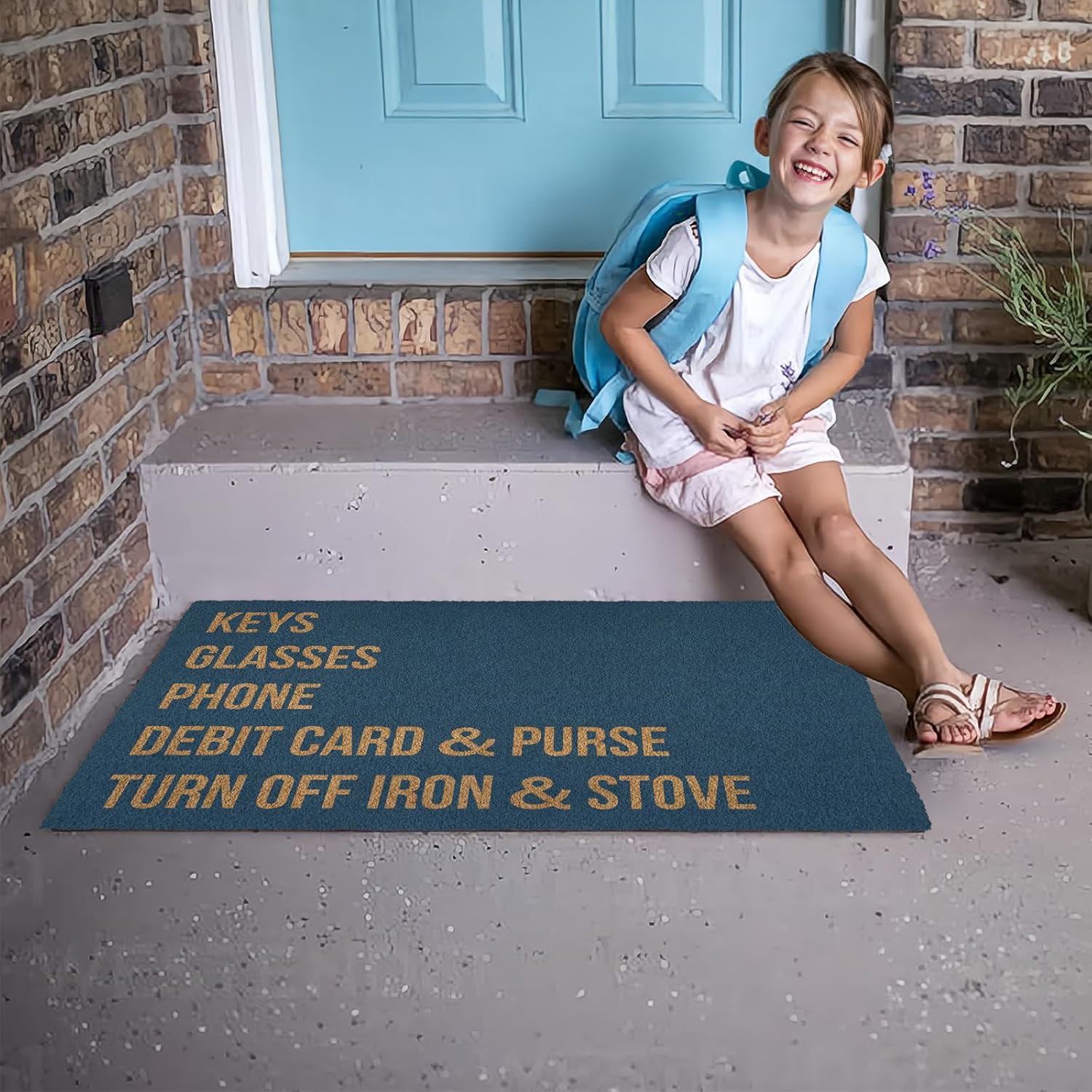 Jec&Smis Door Mat Keys Glasses Phone Debit Card & Purse Turn Off Iron & Stove Welcome Mats for Front Indoor Outdoor Dooormats Non Slip Bathroom Balcony Coir Fabric 30-Inch by 18-Inch, Dark-Blue