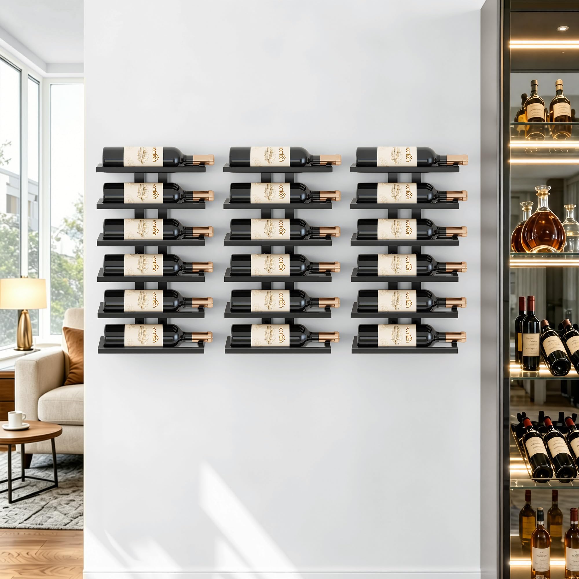 Hoctieon 3-Set 6 Tier Wall Mount Wine Rack (18 Tiers), Wall Racks for Wine Bottles Display and Storage, Hanging Bottle Organizer for Living Room, Kitchen, Wine Cellar, Bar, Black