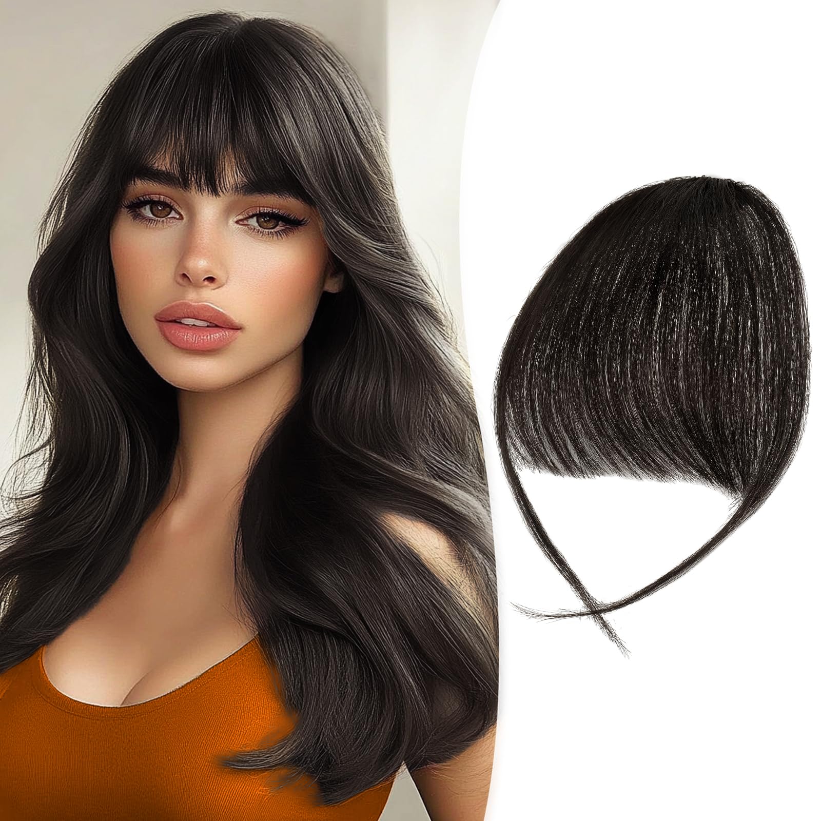 RUWISS Clip in Pony 100% capelli veri con clip in bangs con tempie, capelli umani Remy, fringe bangs per donne frangia Extension capelli umani da donna (nero naturale)
