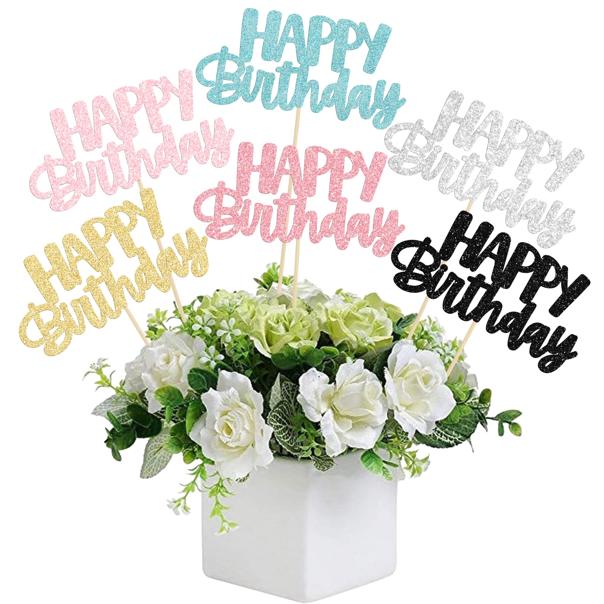 Gyufise 12Pcs Happy Birthday Centerpieces Sticks Double Sided Glitter Birthday Party Decorations Anniversary Table Flower Centerpiece for Celebrating Party Supplies Multicolor