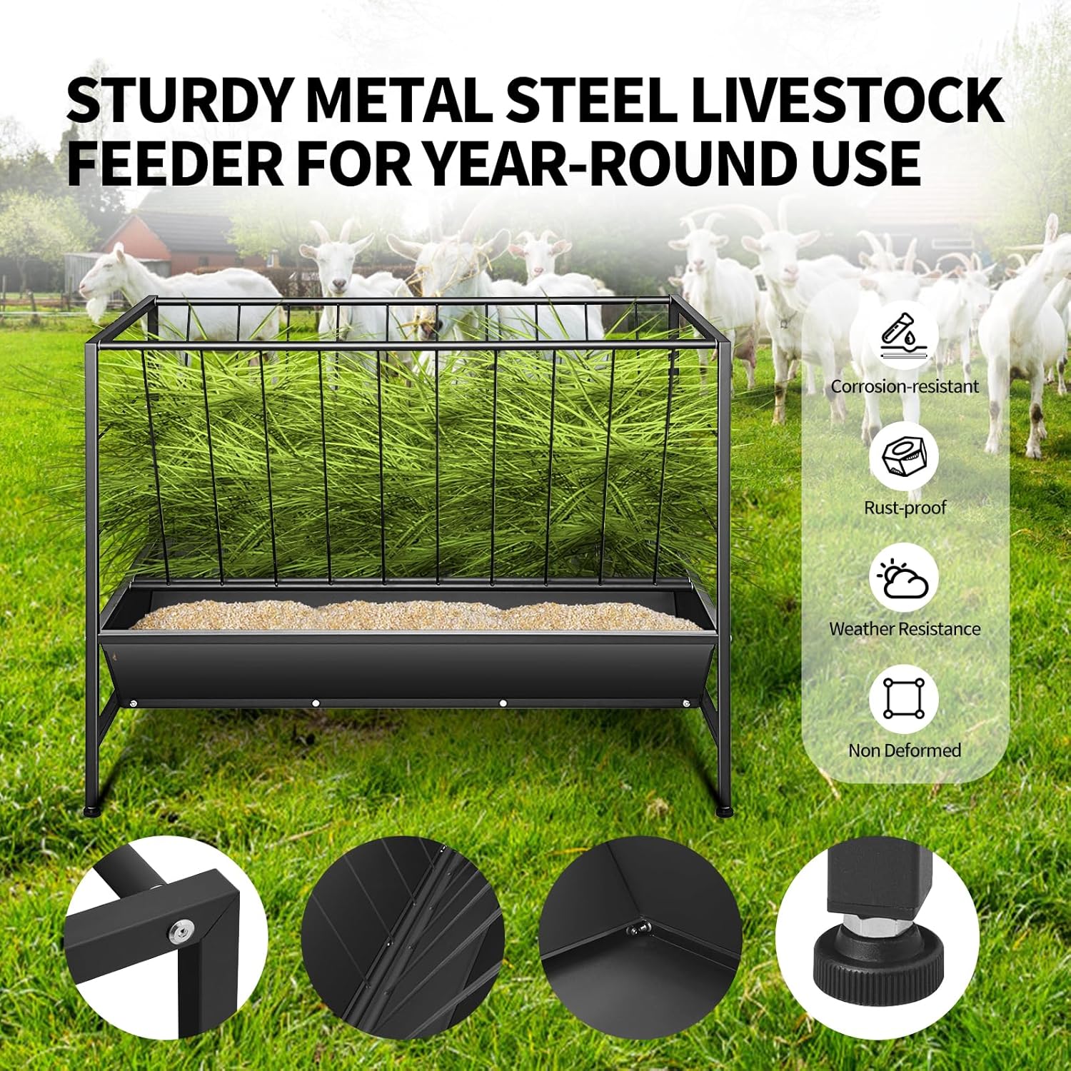RYFT 2 in 1 Pasture Hay Feeder 45 Gallon Livestock Feed Trough with 24 Gallon Feed Pan, Hay Grain Livestock Feeder for Sheep, Calf, Cow and Horse