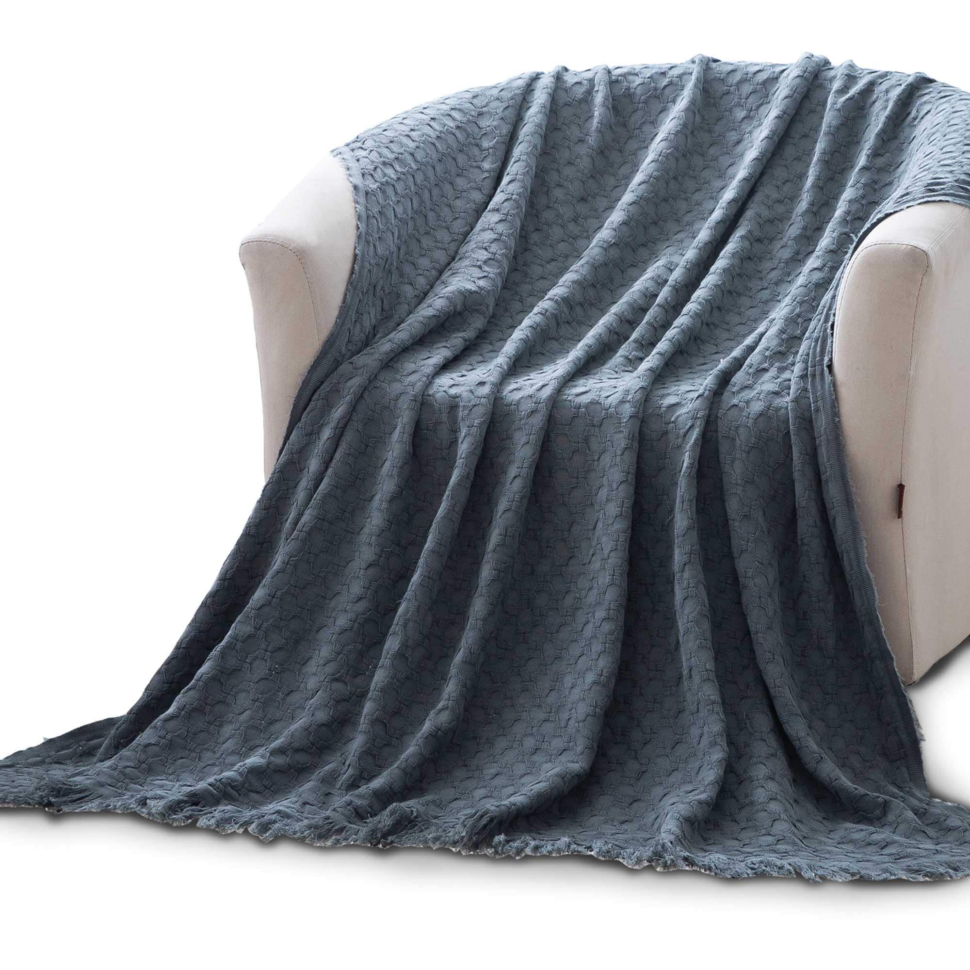 Kasentex Luxury Knitted 100% Cotton Warm Quilted Throw Blanket with Fringe, All Season Super Soft Reversable Lightweight for Bedroom Living Room Sofa Couch Chair Beds, 50x60in, Silver