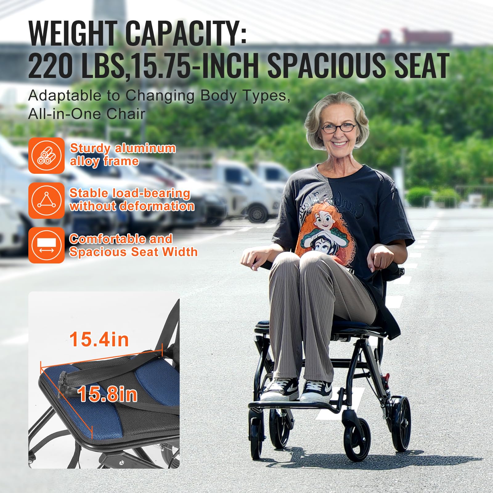 VEVOR Silla de Ruedas plegable de Transporte Ultraligera de Aleación de Aluminio para Adultos, con Brazos Abatibles hasta el Largo del Escritorio, Freno Autoblocante, 875 x 480 x 892 mm, Negro + Azul