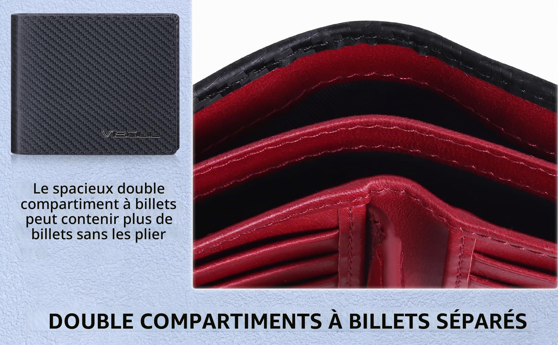 VISOUL Portefeuille Cuir Véritable pour Homme avec Blocage RFID, Classique Bifold Porte Feuille en Cuir avec 2 Compartiment à Billets, 10 Fente pour Carte et 2 ID Fenêtre (Carbone Noir+Rouge)