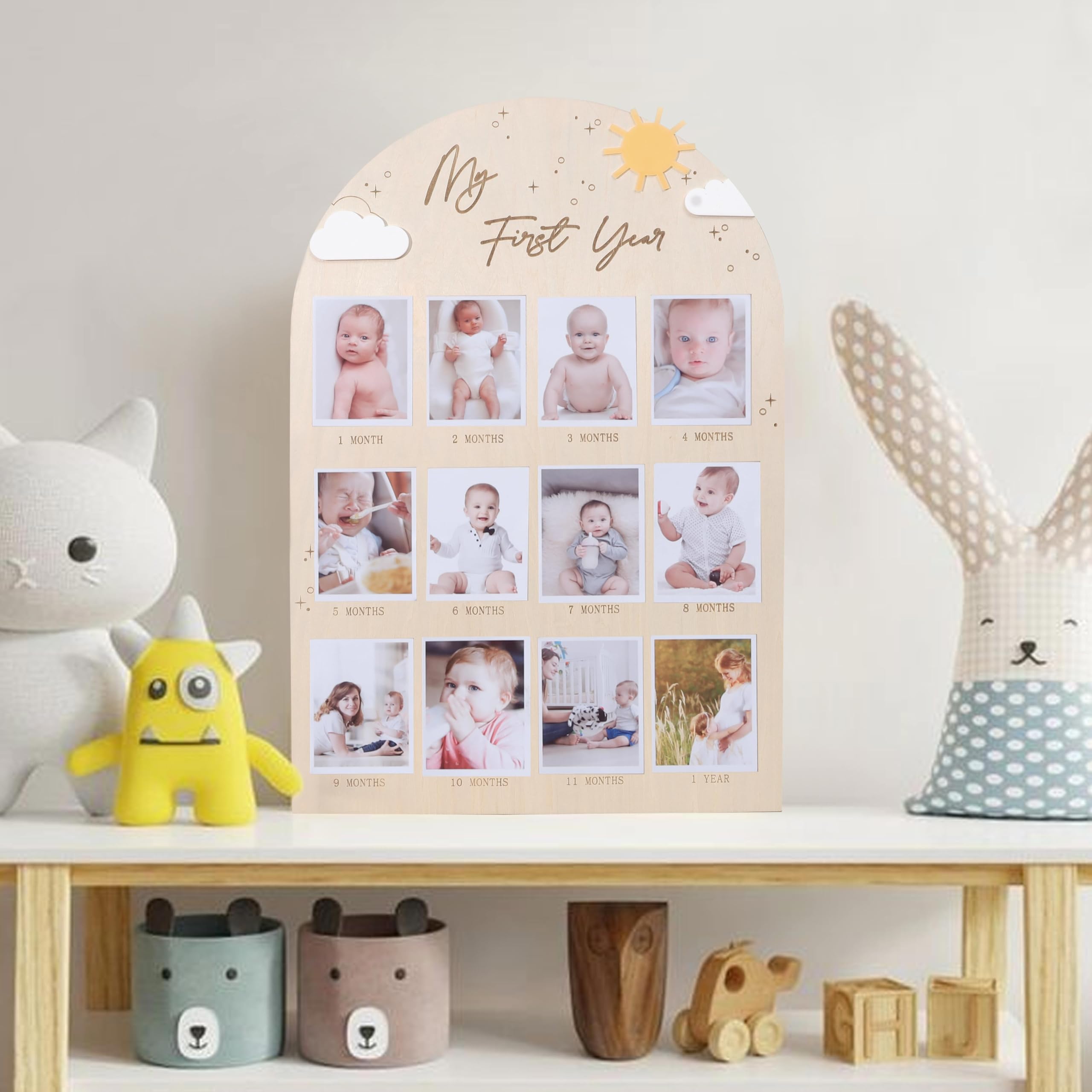 YOU ARE MY SUNSHINE ONE YEAR OLD PHOTO BOARD, My First Year Photo Display Wood Board, Sun Theme Monthly Milestone Photo Board, You Are My Sunshine dekoracja na 1. urodziny, ramka na zdjęcia 12