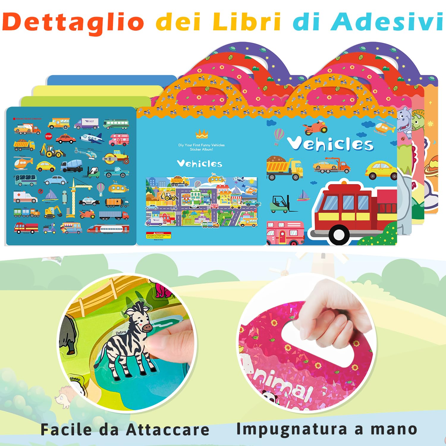 Sticker Book (versione aggiornata) Confezione da 4 adesivi riutilizzabili per bambini, tema dinosauri + animali + spazio + veicoli, adatti a bambini di età superiore ai 2 anni