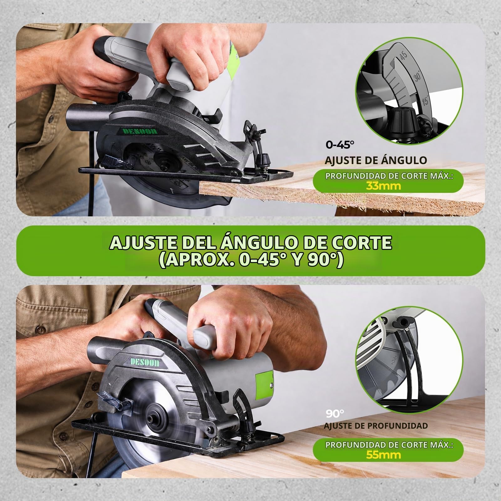 DESOON Sierra Circular de 1200 W, 4800 RPM, Incluye una Regla Guía y 2 Hojas de Sierra (165 mm, 24T y 40T), Profundidad de Corte de 55 mm (90°) y 33 mm (45°), para Corte de Madera