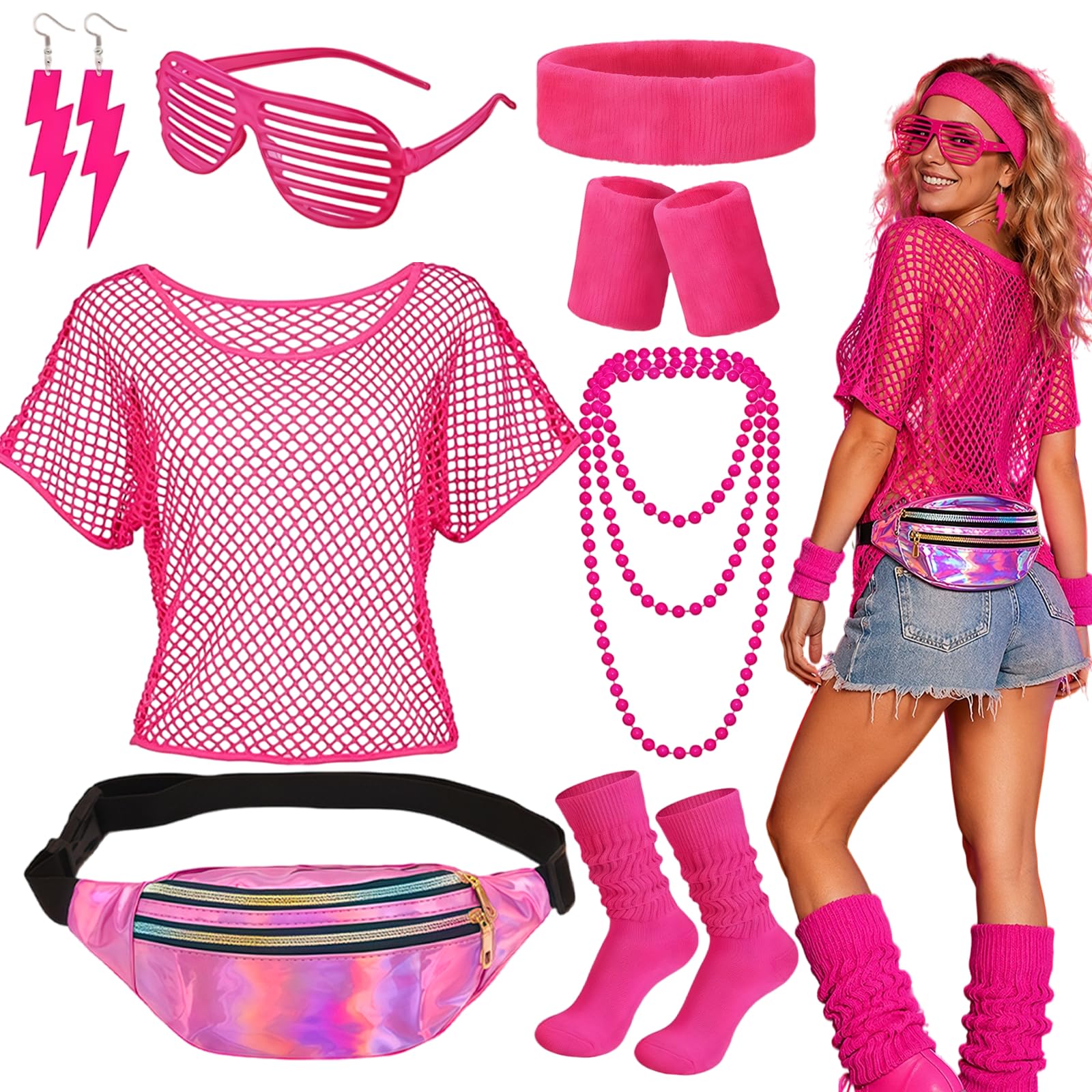 BORISCA 11PCS 80s Fancy Dress for Women Neon Pink 80s Accessories for Women