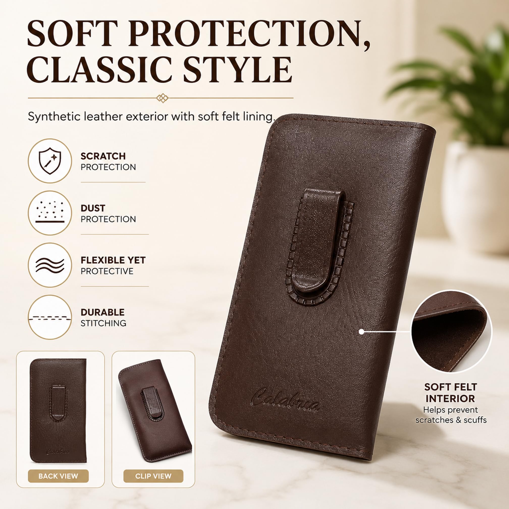 Calabria Soft PU Leather Felt Eye Glasses Case w/Plastic Pocket Clip Slim Eyeglass Pouch Slip-In Travel Sunglass Holder Bag