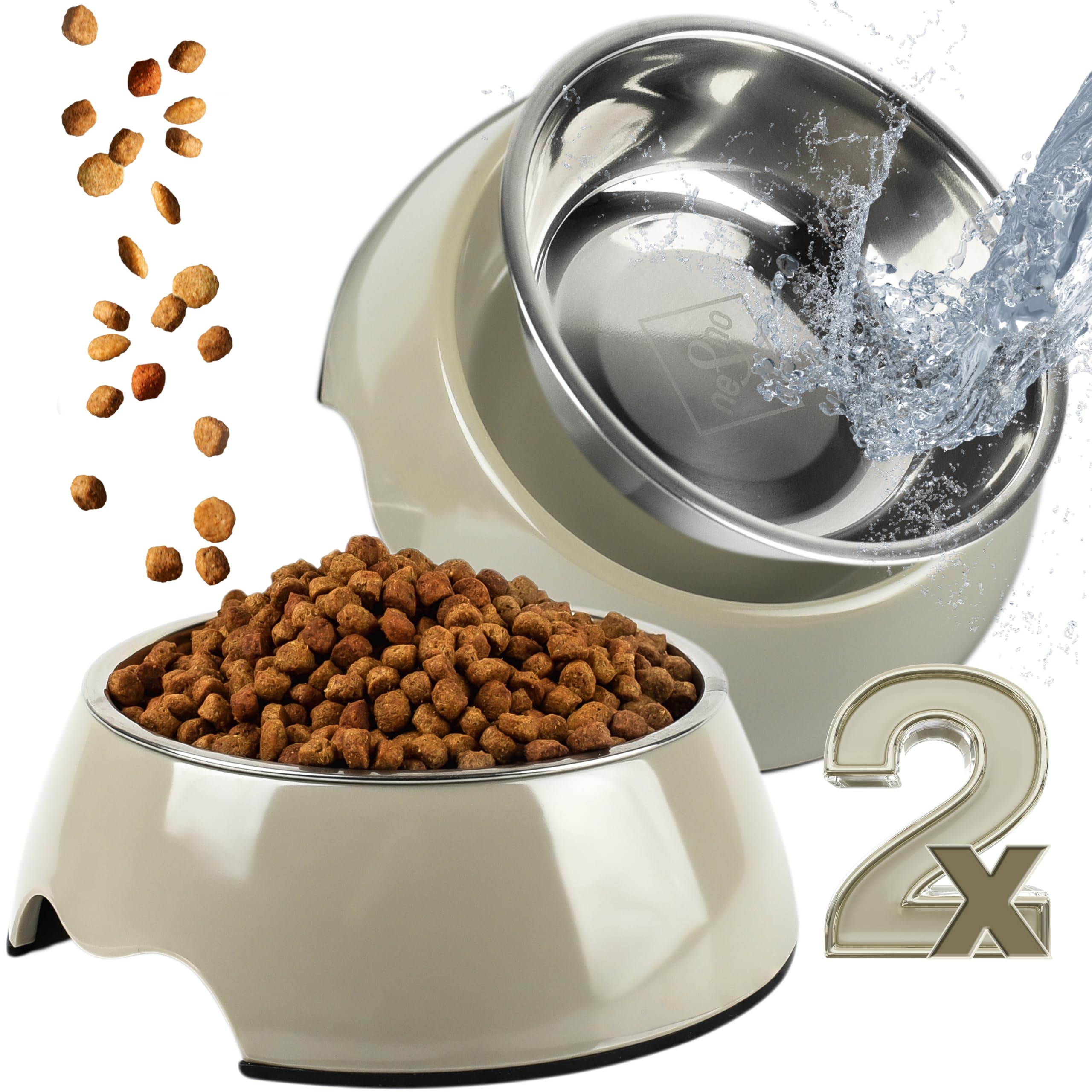 ne&no® Set of 2 pet bowls for dogs 700ml, hygienic and removable cups made of stainless steel with anti-slip bottom