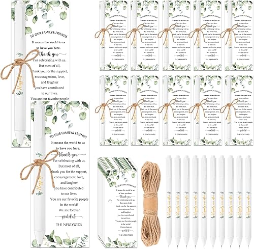 Vista 7 de Tenceur 150 juegos de bolígrafos de boda para despedida de soltera para invitados con tarjetas de agradecimiento y cordel, regalos de boda, regalos