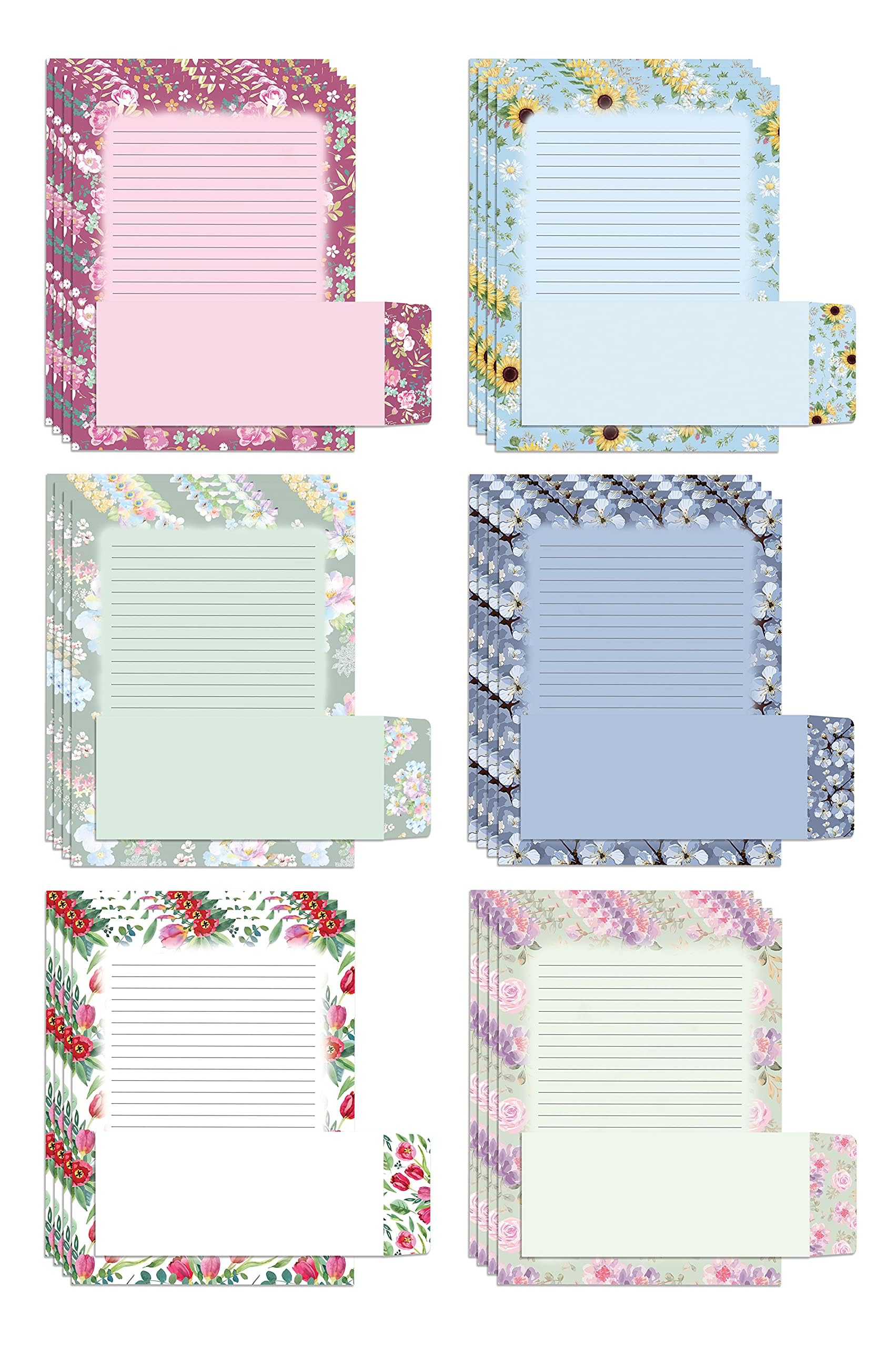 Better Office Products Floral Paper Stationery Set, 100 Piece Set (50 Lined Sheets + 50 Matching Envelopes), Letter Size 8.5 x 11 inch, 6 Designs, Double Sided/Lined Printing Paper,
