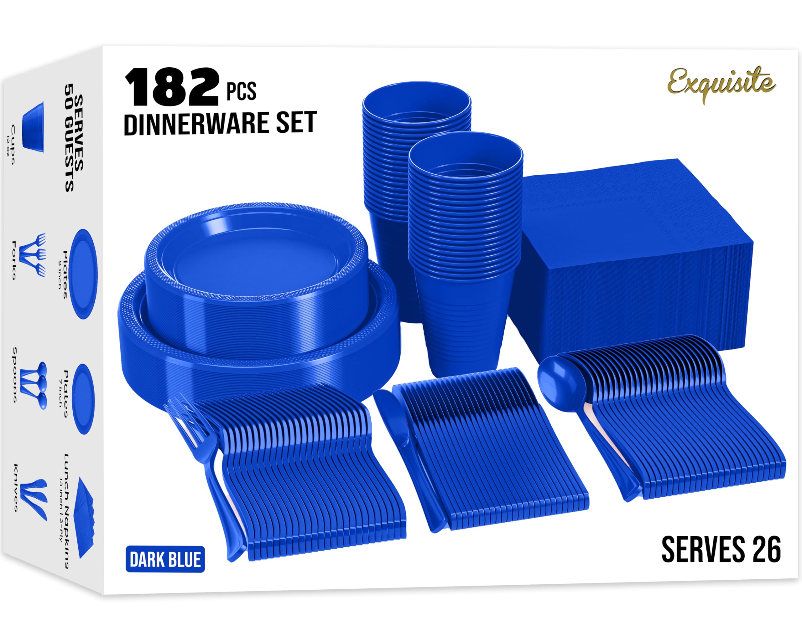 Exquisite 182 Pieces Dark Blue Plastic Plates For Party, Dark Blue Disposable Plates Set, 26 Of Each 9" Dinner Plate Set, 7" Dessert Plate, Cups,