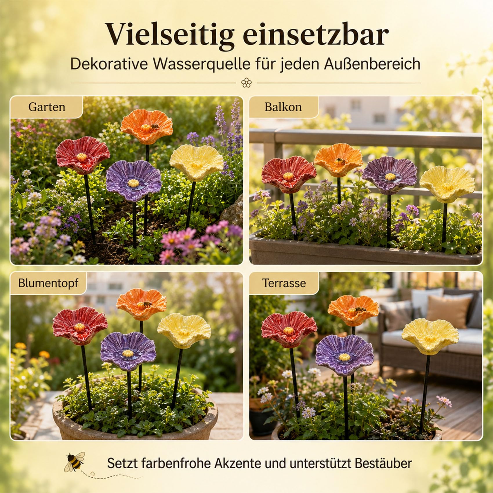 Bienentränke Keramik Blume 4/8/12 Stück, Bienenblüten Keramik als Insektentränke mit Stab, 27 cm Gartenstecker wetterfest für Garten, Balkon, Blumentopf & Deko (4 Blüten)