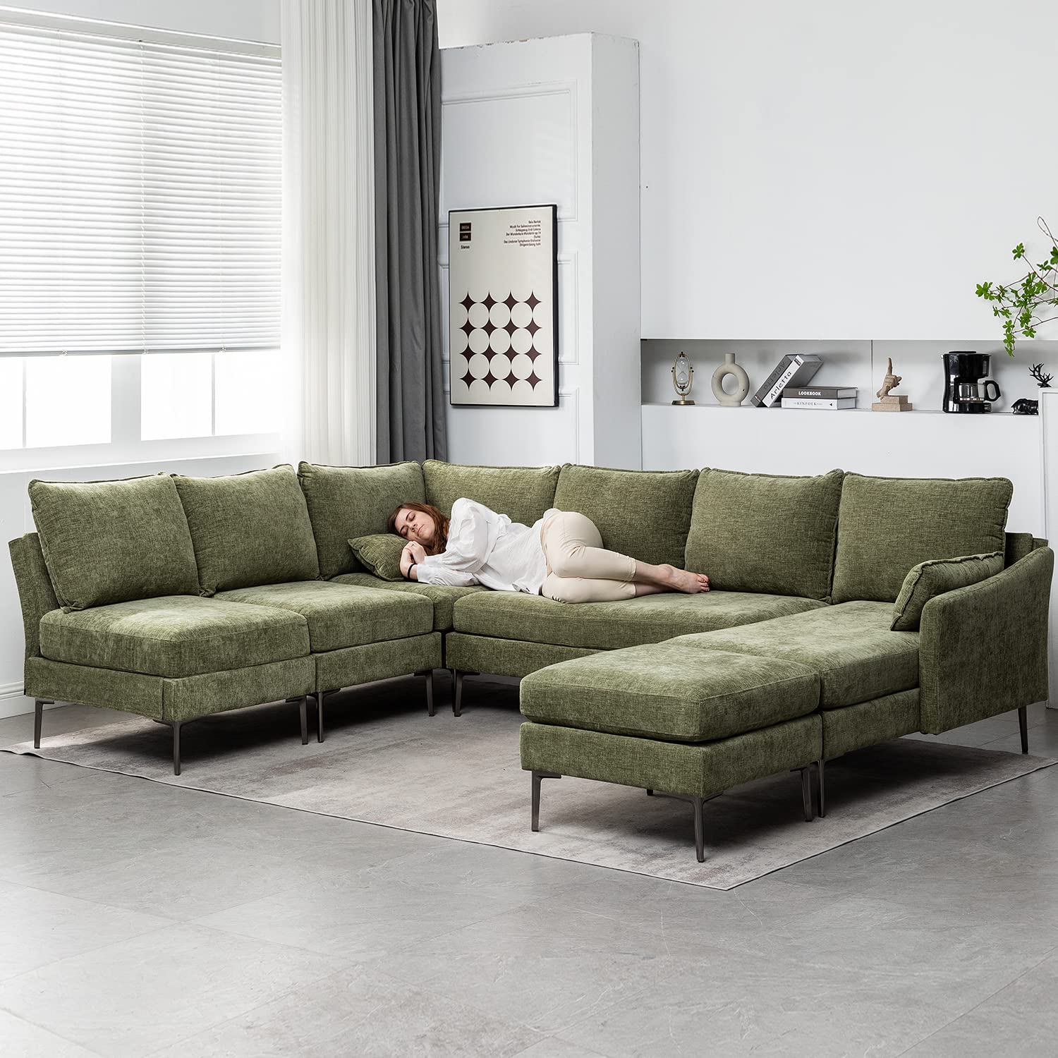 MELLCOM Modern  U  Shaped 6-seat Sectional Sofa Couch, Convertible Chenille Modular Sofa, Reversible Sleeper Couch with Chaise Lounge and Ottoman for Living Room, Green