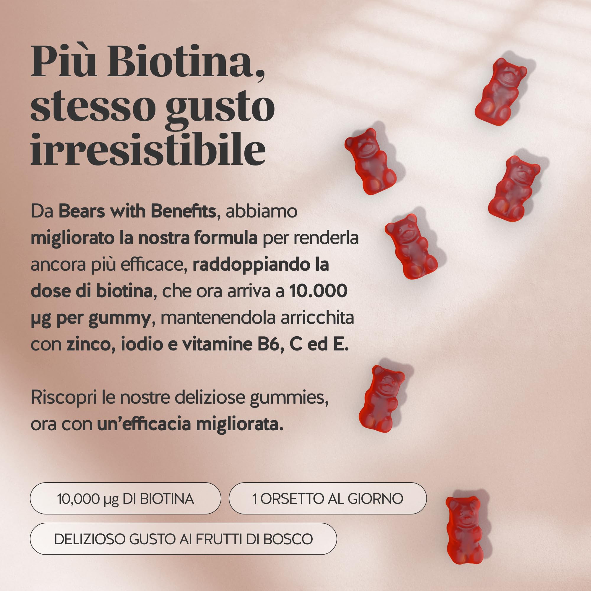 Biotina Gummies Ah-mazing Hair – Integratori per Capelli – Formula Potenziata – 10.000 µg di Biotina, Zinco, Vitamina B6, C, E e Iodio – Pack 2x30 (2 Mesi), Vegane, Senza Zucchero, Bears with Benefits