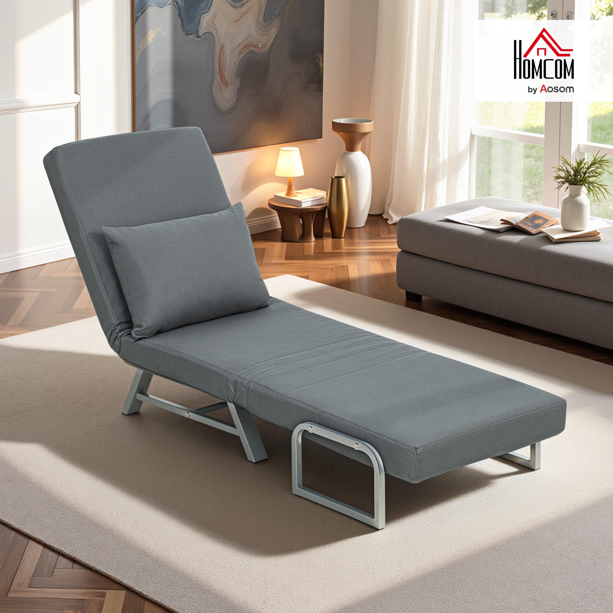 HOMCOM Sofá Cama de 1 Plaza 3 en 1, Sofá Cama Plegable Tapizado en Lino Sintético con Respaldo Ajustable de 5 Niveles y Almohada Acolchada, para Oficina, Dormitorio, Salón, 73x78x81 cm, Gris Oscuro