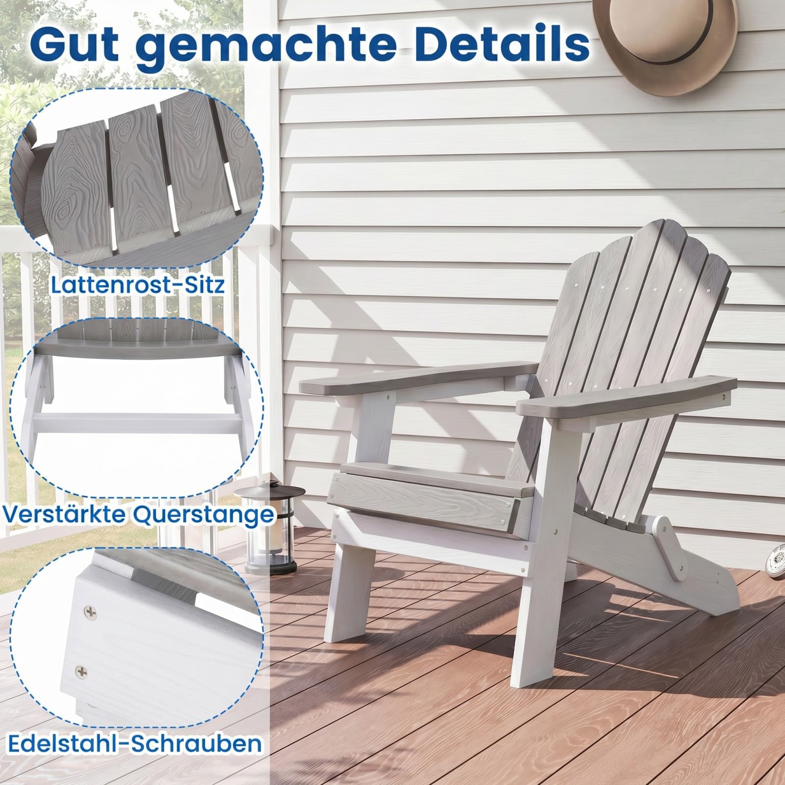 COSTWAY Adirondack krzesło składane, odporne na warunki atmosferyczne Adirondack Chair z tworzywa sztucznego, krzesło ogrodowe z wysokim oparciem i szerokimi podłokietnikami do ogrodu, nośność 180 kg