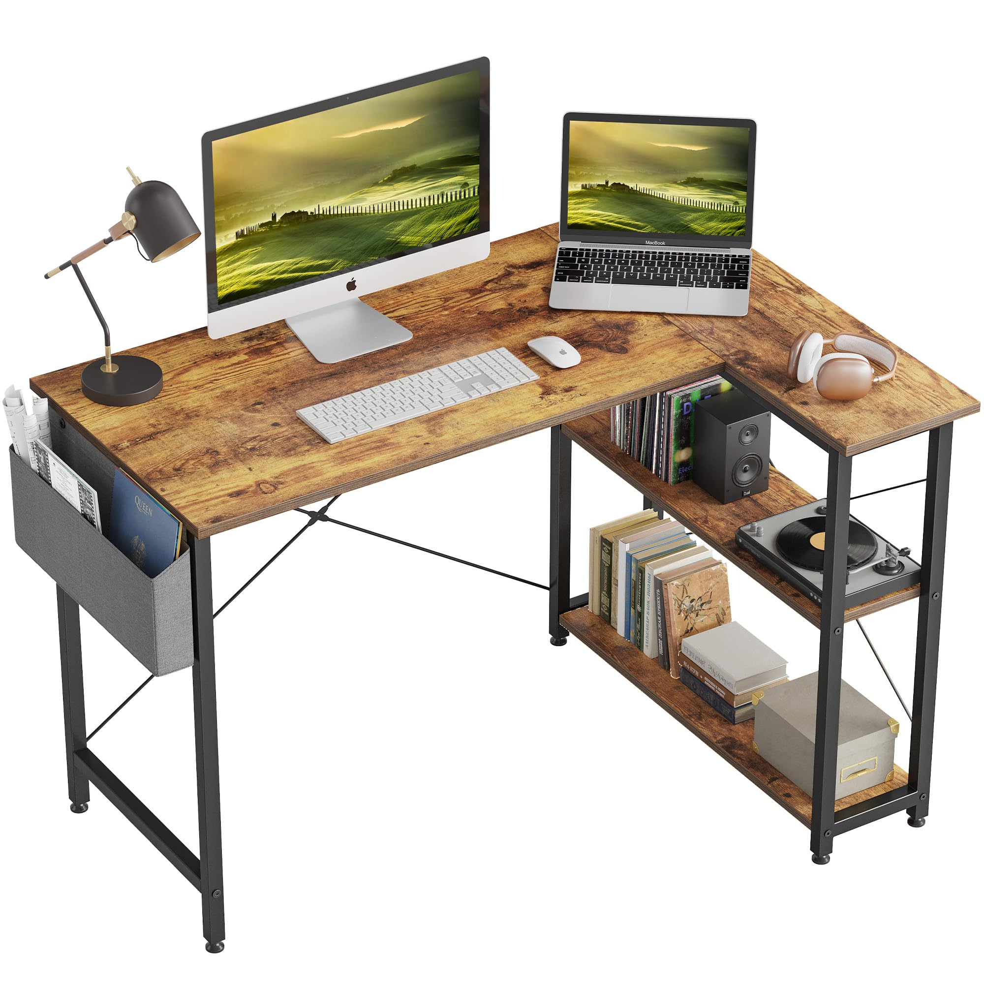CubiCubi L Shaped Corner Desk, 120x70 cm Computer Desk with Storage Bag, Small Writing Table with Large Reversible Storage Shelves, Workstation for Study Play Work Home Office, Rustic Brown