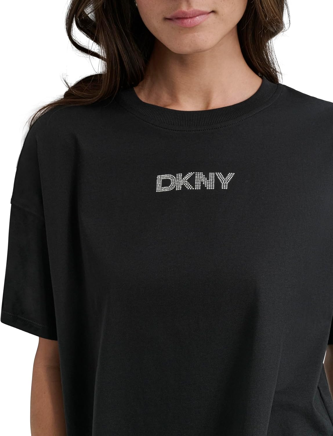 DKNY womens Short Sleeve Rhinestone Logo Relaxed Cropped Tee - Image 5