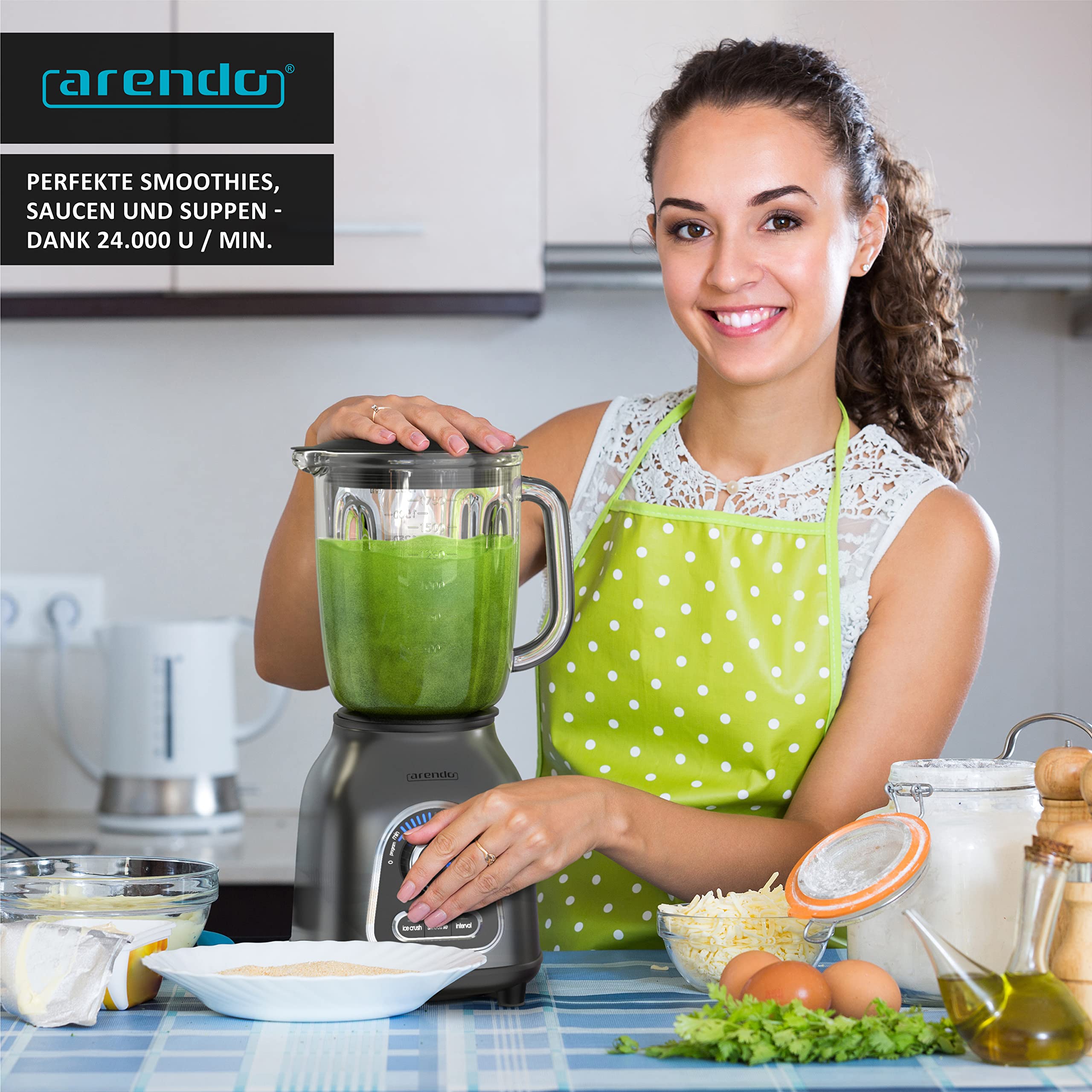 Arendo - Standmixer Glas 24.000 U min - 1,75L Glasbehälter - 6-flügeliges kugelgelagertes Edelstahlmesser - 10 Leistungsstufen - Impulsfunktion