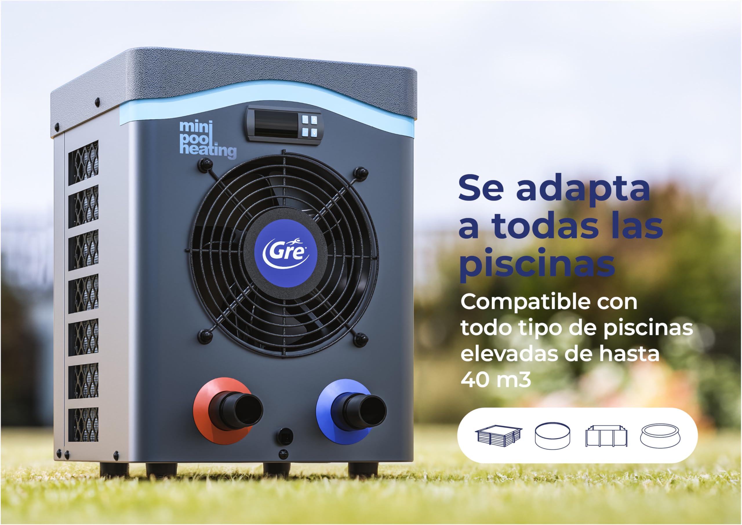 Gre Mini Bomba de Calor hasta 28°C sin bypass piscinas elevadas 40 m³
