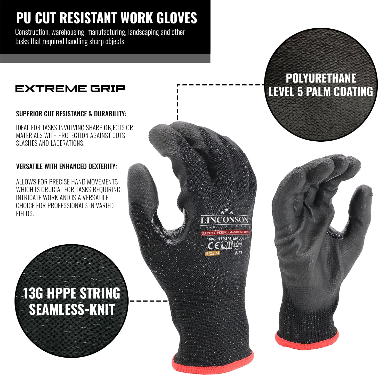 linconson 3 Pack Level 5 Cut Resistant Safety Performance Series Construction Mechanic PU Work Gloves Thumb Double Reinforced