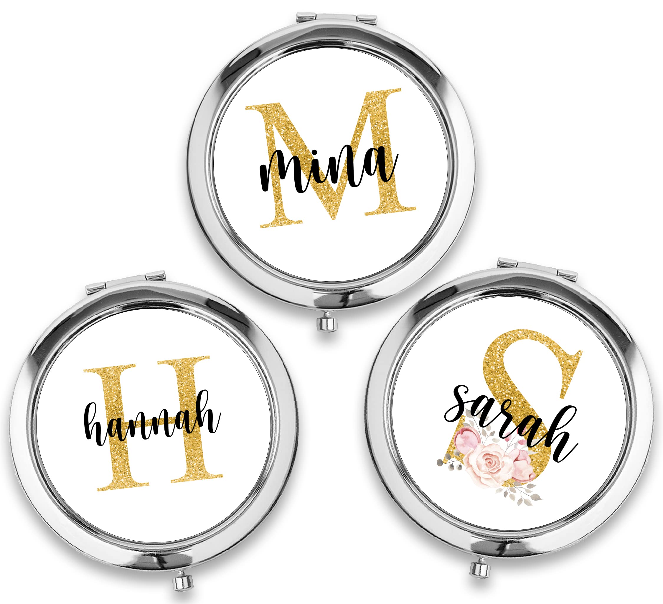 TEEAMORE Personalized Compact Mirror Custom Initial Travel Make Up Bridal Party Bridesmaid Proposal Gifts Silver