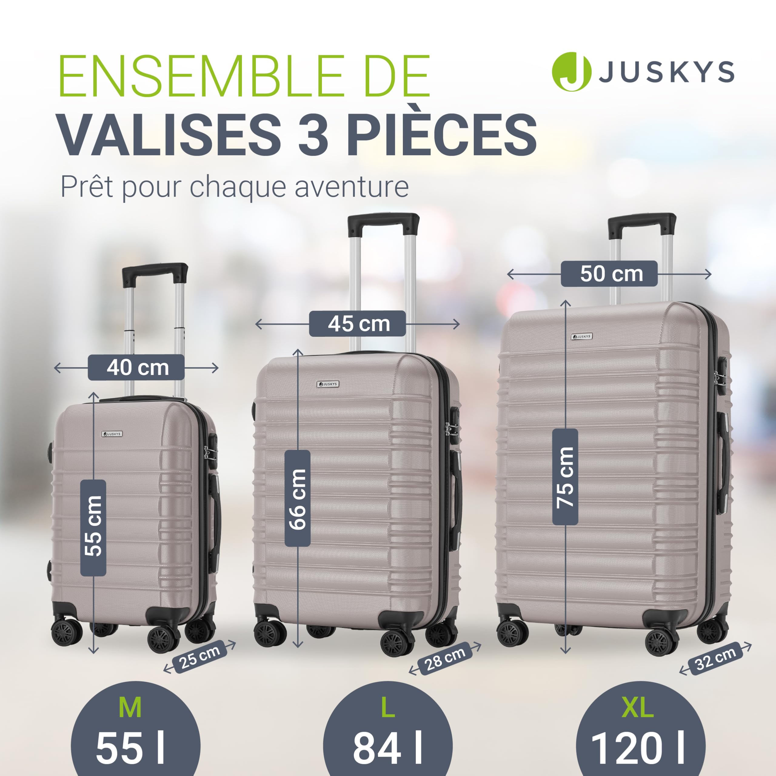 Juskys Set valises rigides 3 pièces – Valises de Voyage avec roulettes 360°, Serrure à Code, poignée télescopique – ABS – Champagne